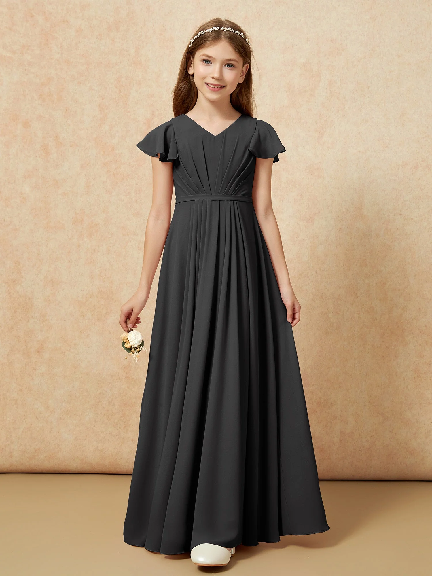 Flatterärmel V-Ausschnitt Chiffon Junge Brautjungfernkleider Schwarz - Image 6