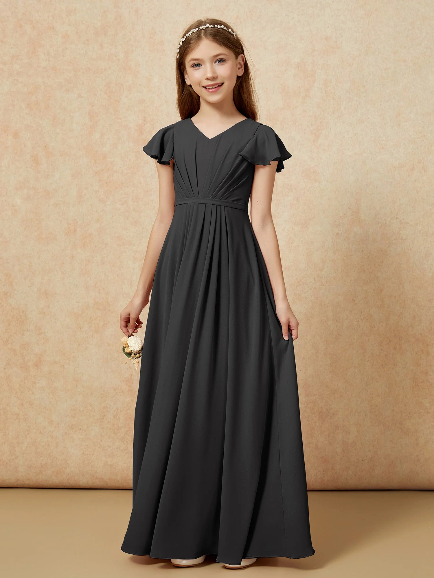 Flatterärmel V-Ausschnitt Chiffon Junge Brautjungfernkleider Schwarz - Image 7