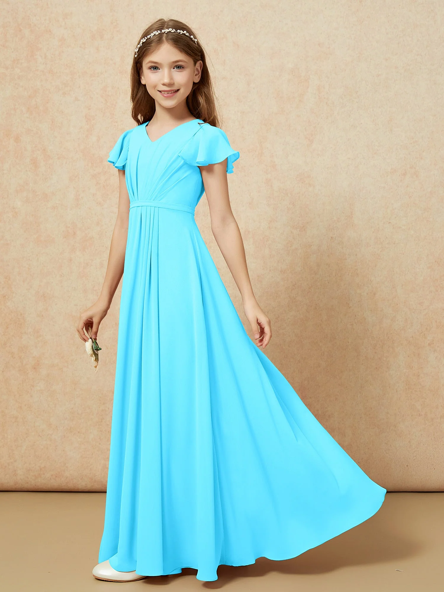 Flatterärmel V-Ausschnitt Chiffon Junge Brautjungfernkleider Schwimmbadblau - Image 3