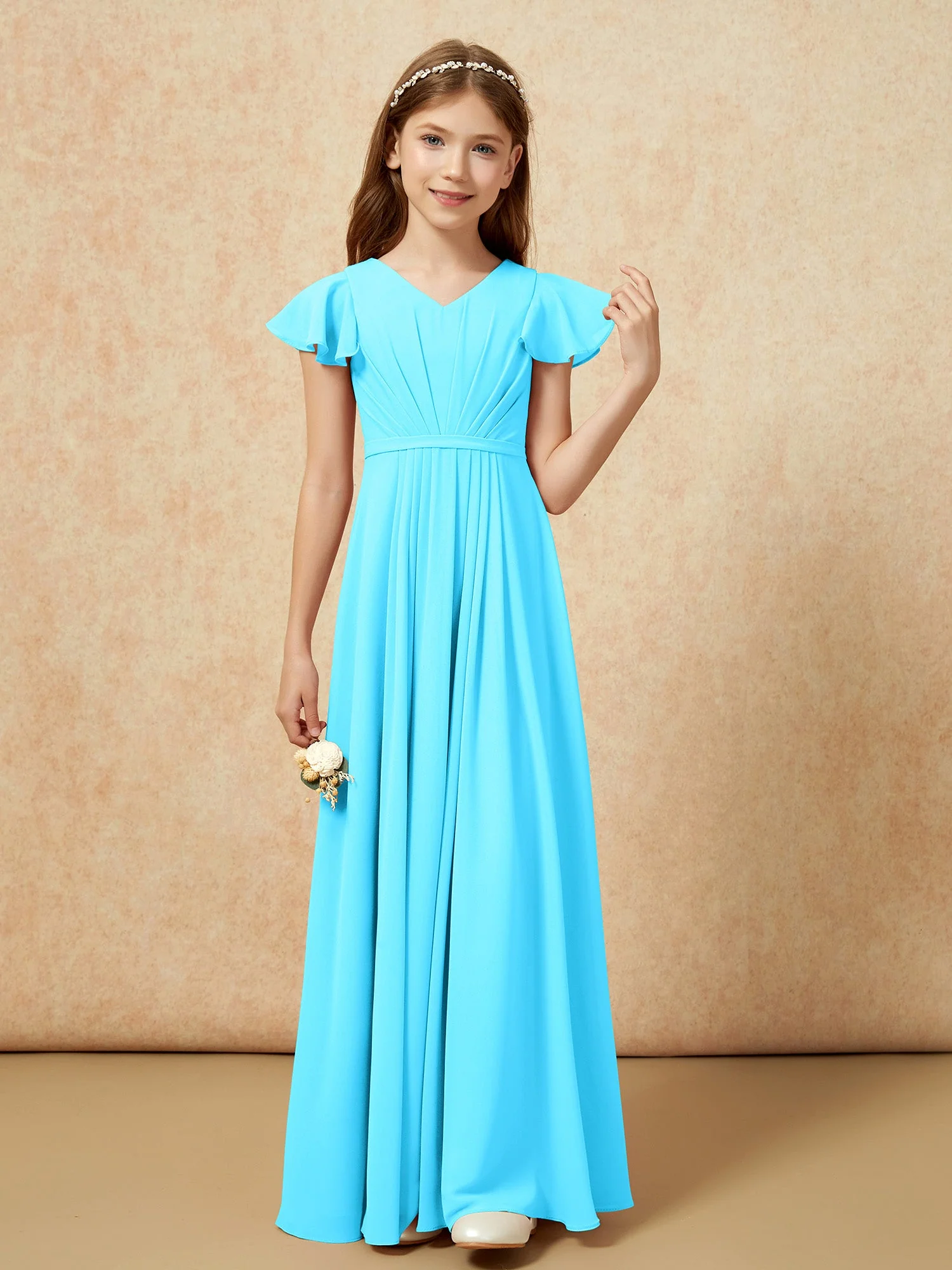 Flatterärmel V-Ausschnitt Chiffon Junge Brautjungfernkleider Schwimmbadblau - Image 4