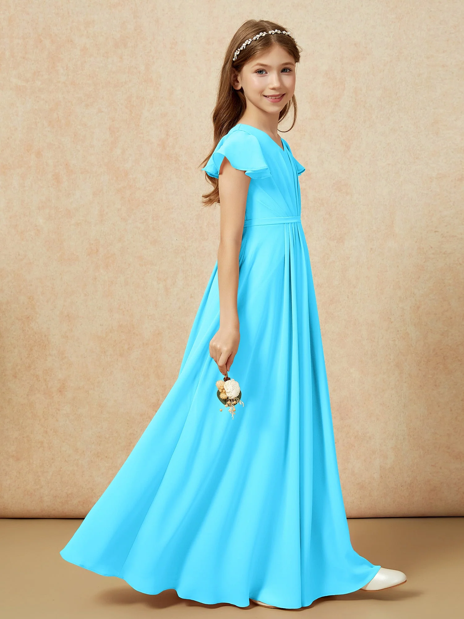 Flatterärmel V-Ausschnitt Chiffon Junge Brautjungfernkleider Schwimmbadblau - Image 5