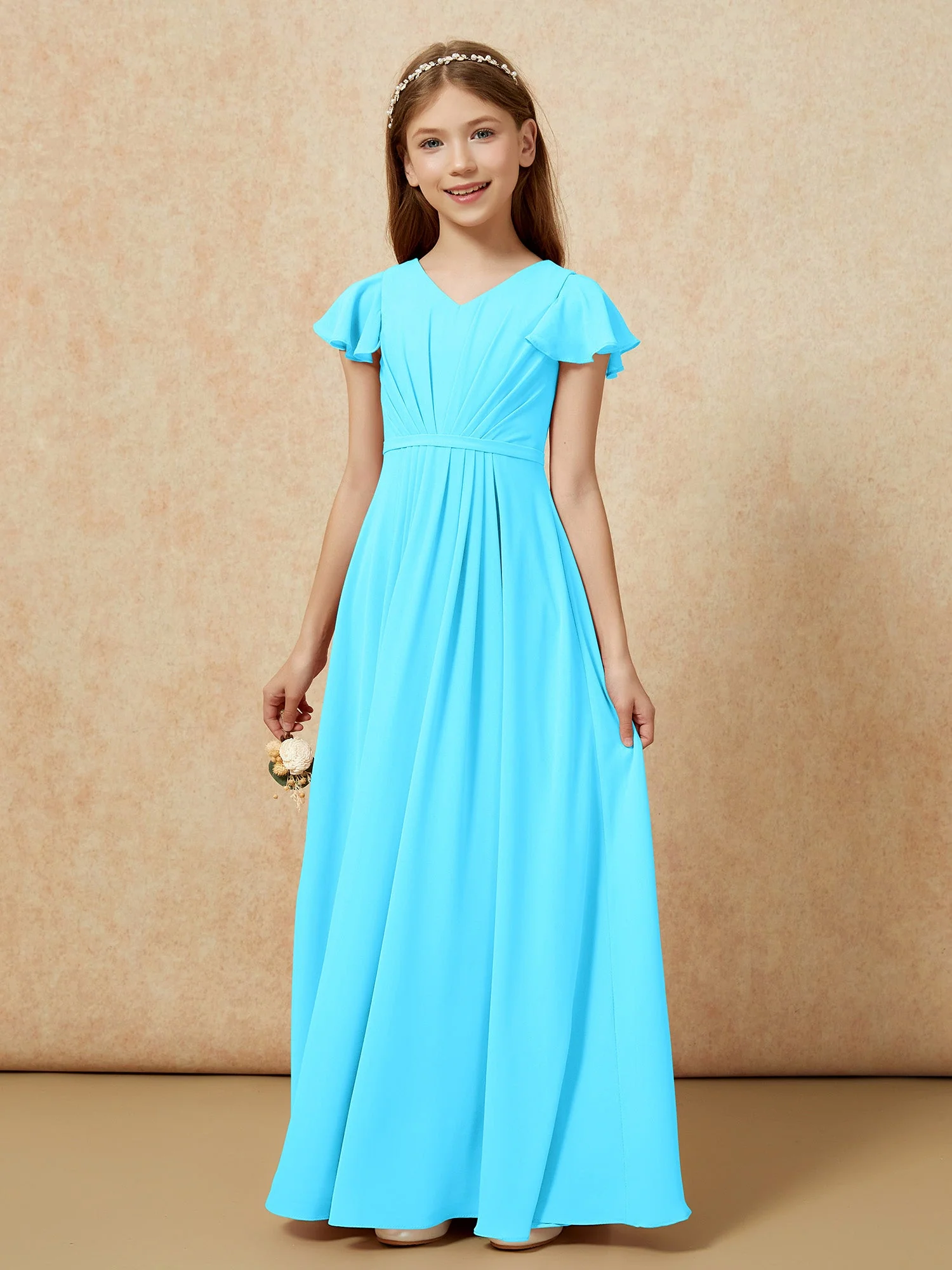 Flatterärmel V-Ausschnitt Chiffon Junge Brautjungfernkleider Schwimmbadblau - Image 7