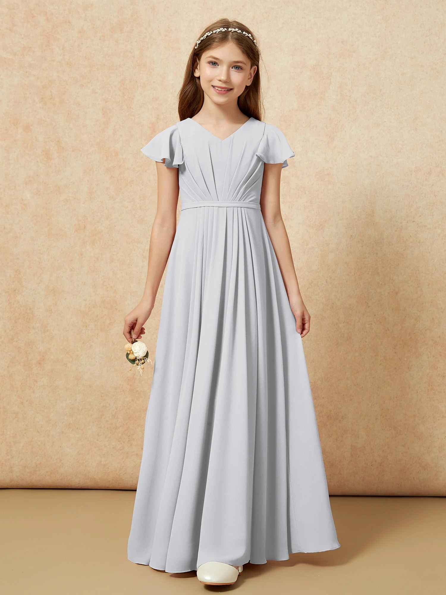 Flatterärmel V-Ausschnitt Chiffon Junge Brautjungfernkleider Silber - Image 6