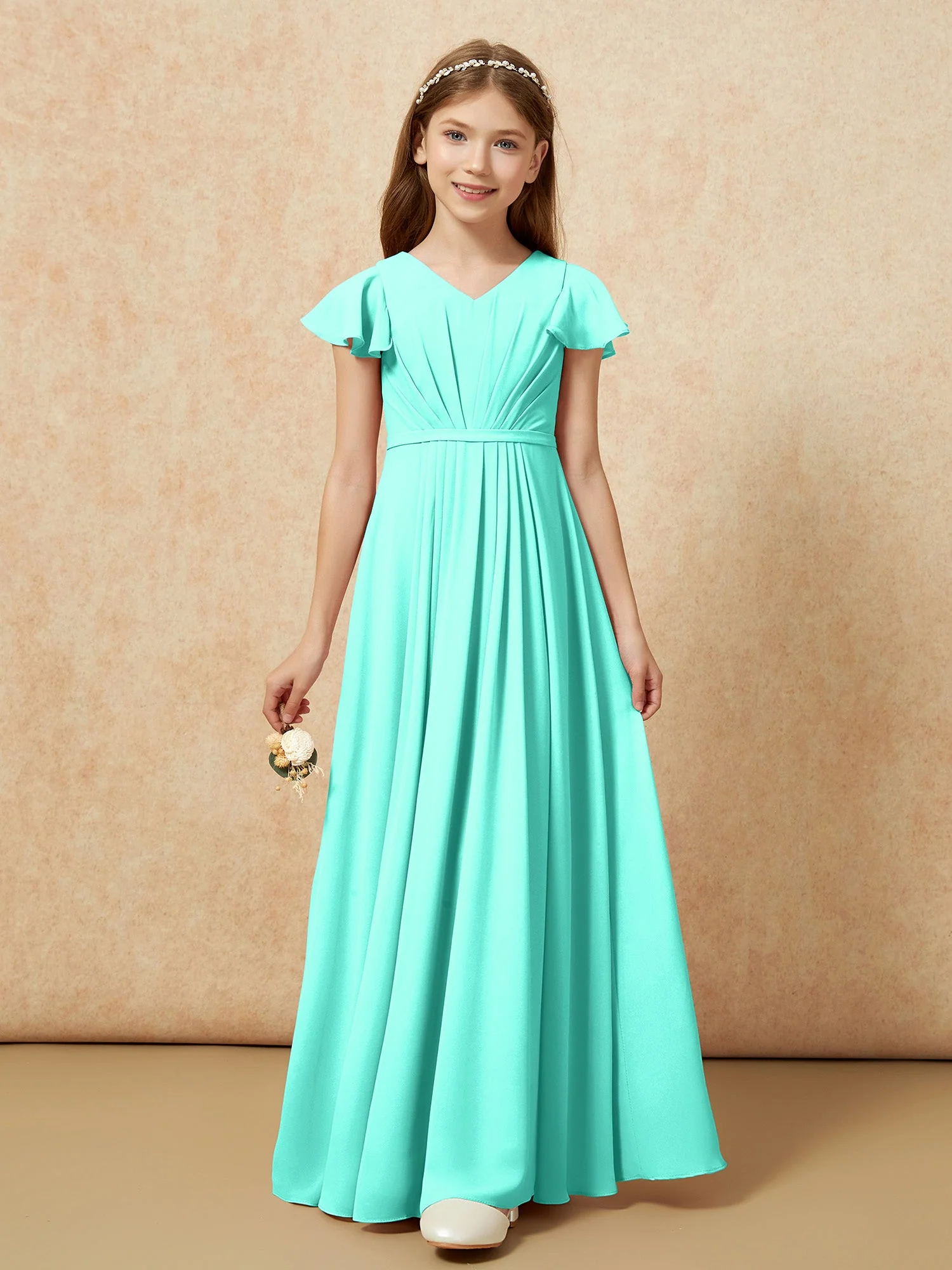 Flatterärmel V-Ausschnitt Chiffon Junge Brautjungfernkleider Spa - Image 6