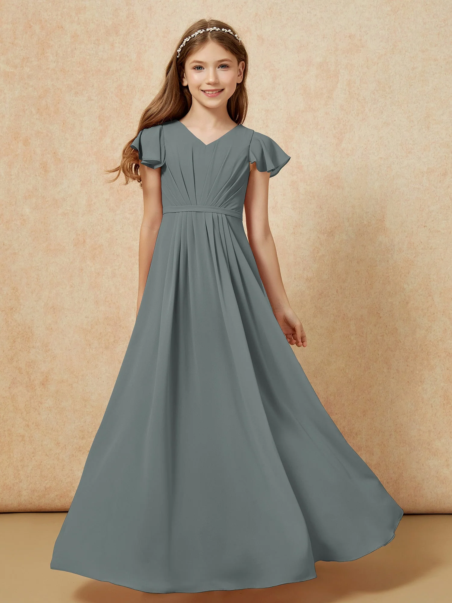 FlatterÀrmel V-Ausschnitt Chiffon Junge Brautjungfernkleider Stahlgrau