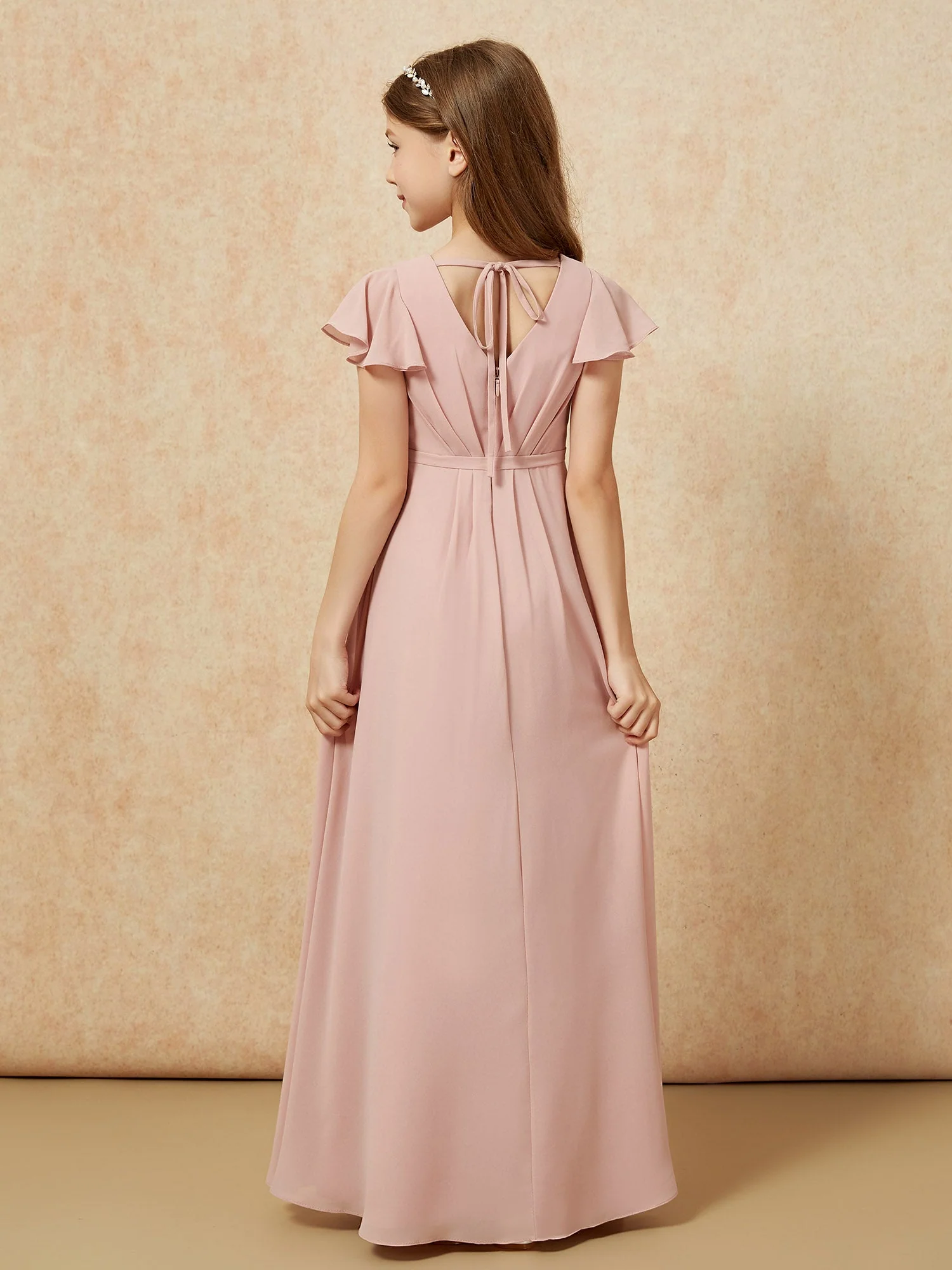 Flatterärmel V-Ausschnitt Chiffon Junge Brautjungfernkleider Staubige Rosa - Image 2