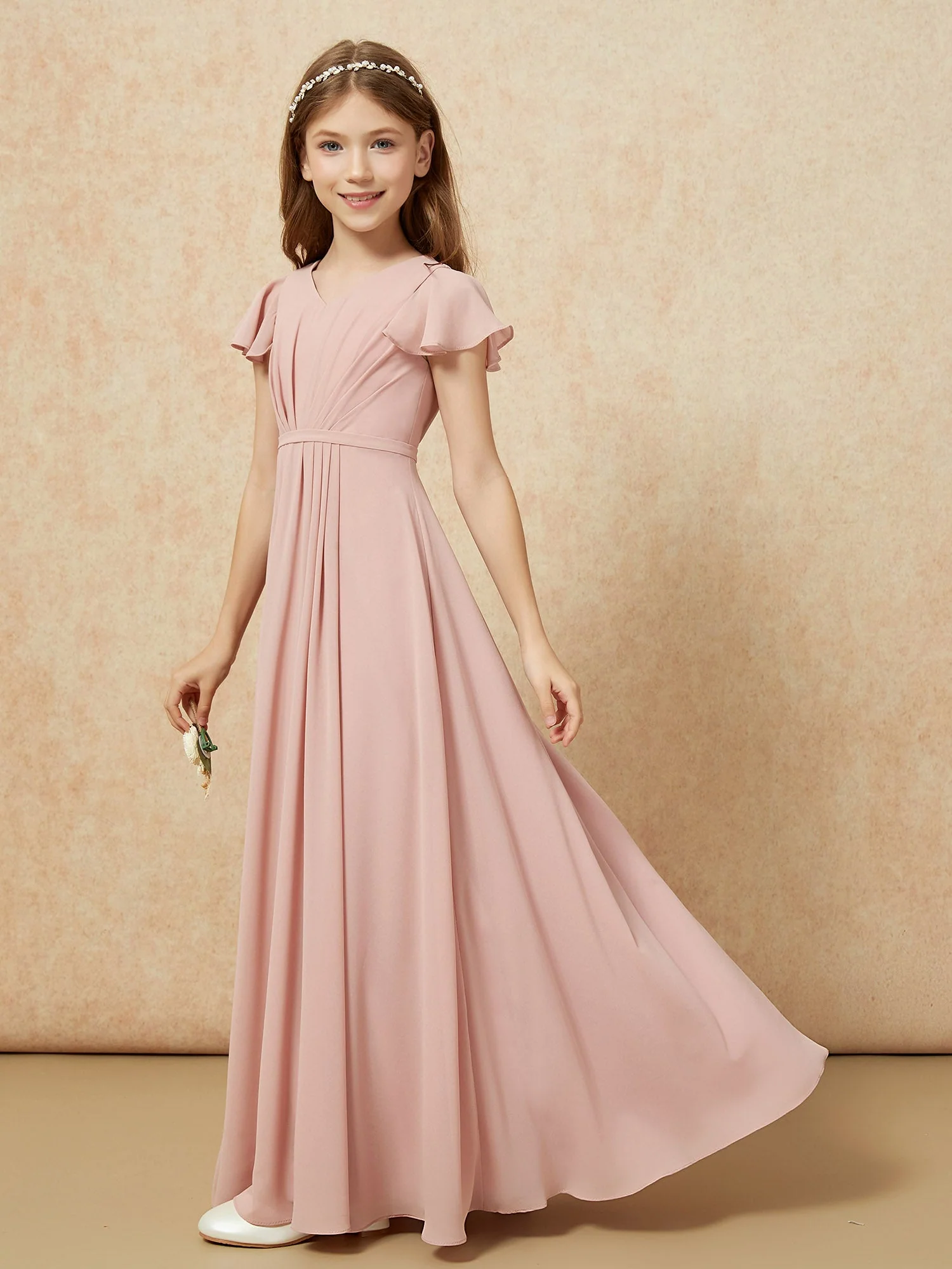 Flatterärmel V-Ausschnitt Chiffon Junge Brautjungfernkleider Staubige Rosa - Image 3
