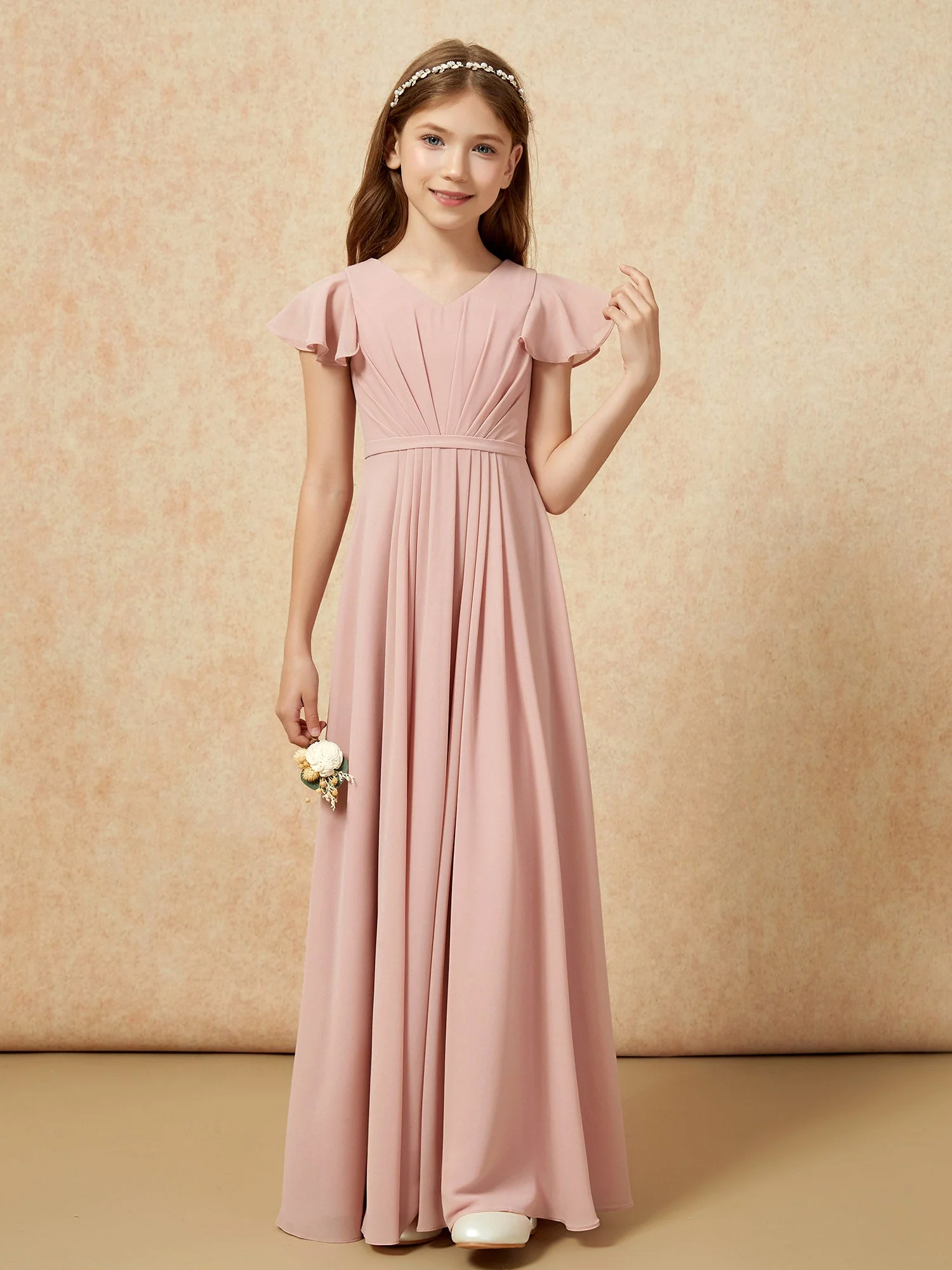 Flatterärmel V-Ausschnitt Chiffon Junge Brautjungfernkleider Staubige Rosa - Image 4