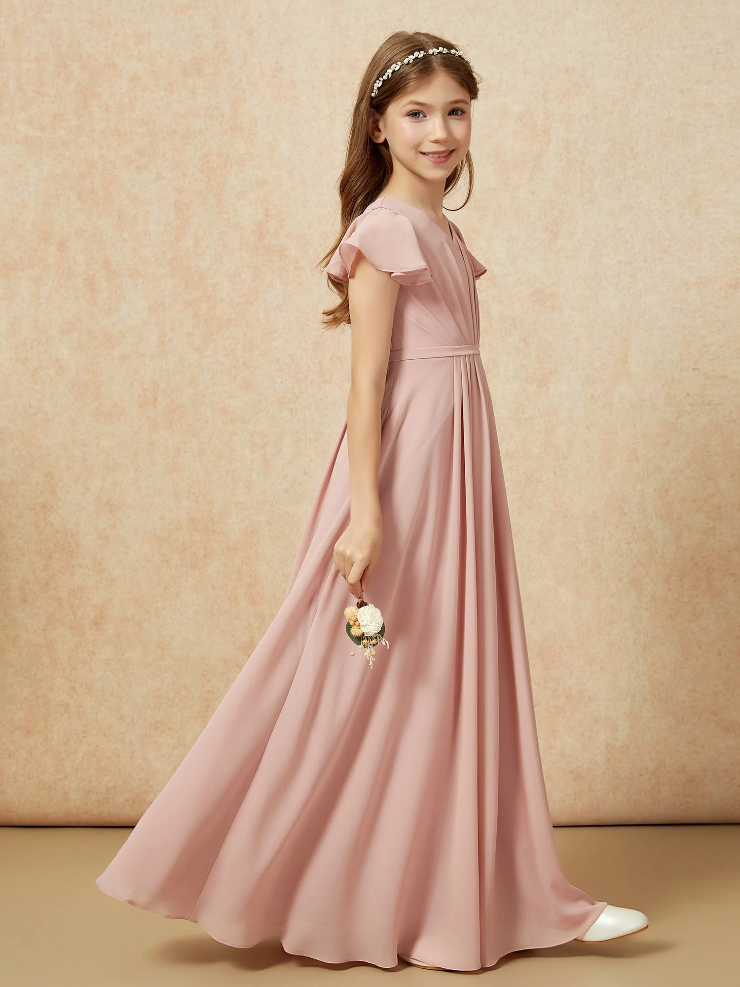 Flatterärmel V-Ausschnitt Chiffon Junge Brautjungfernkleider Staubige Rosa - Image 5