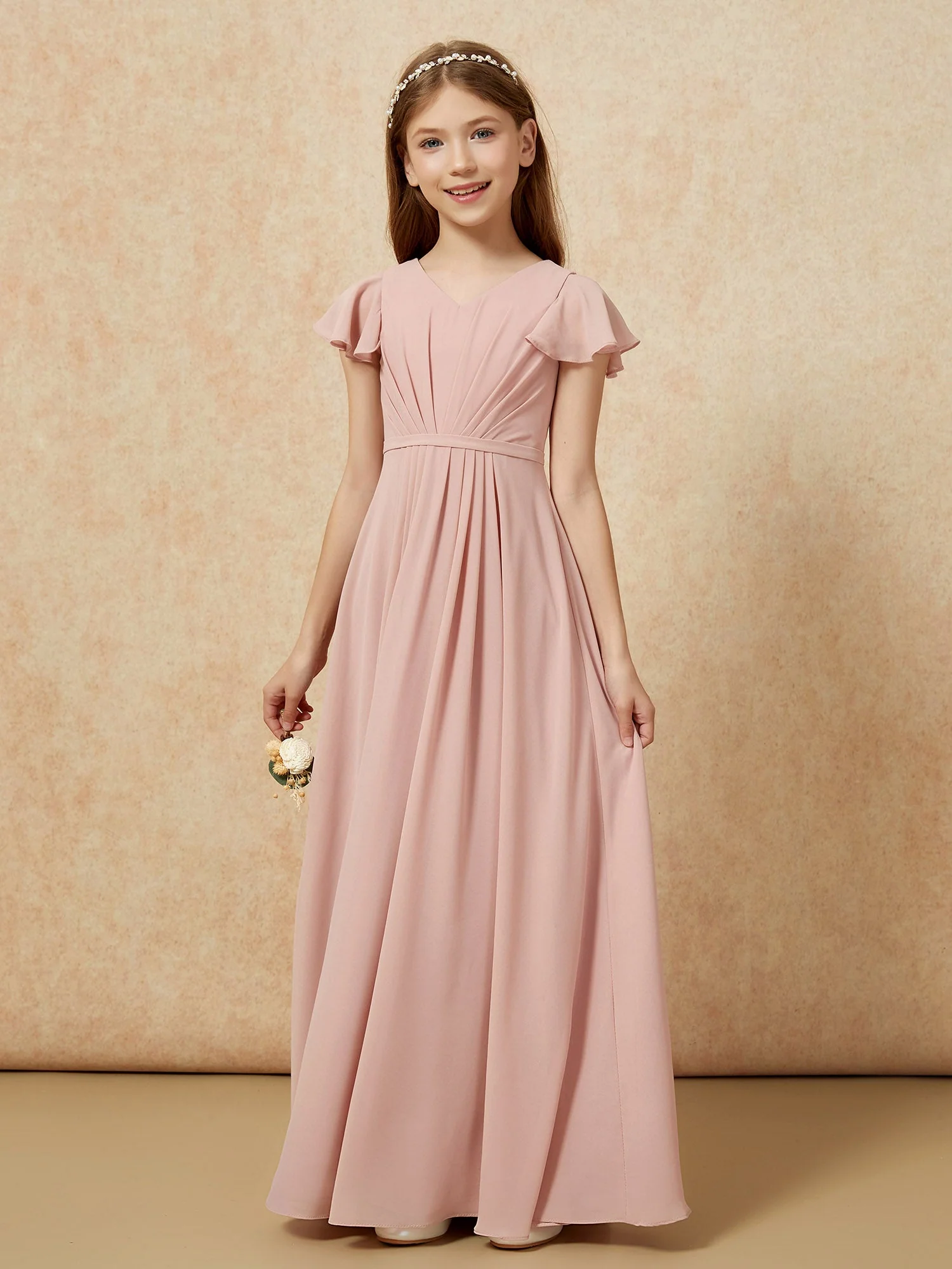 Flatterärmel V-Ausschnitt Chiffon Junge Brautjungfernkleider Staubige Rosa - Image 7