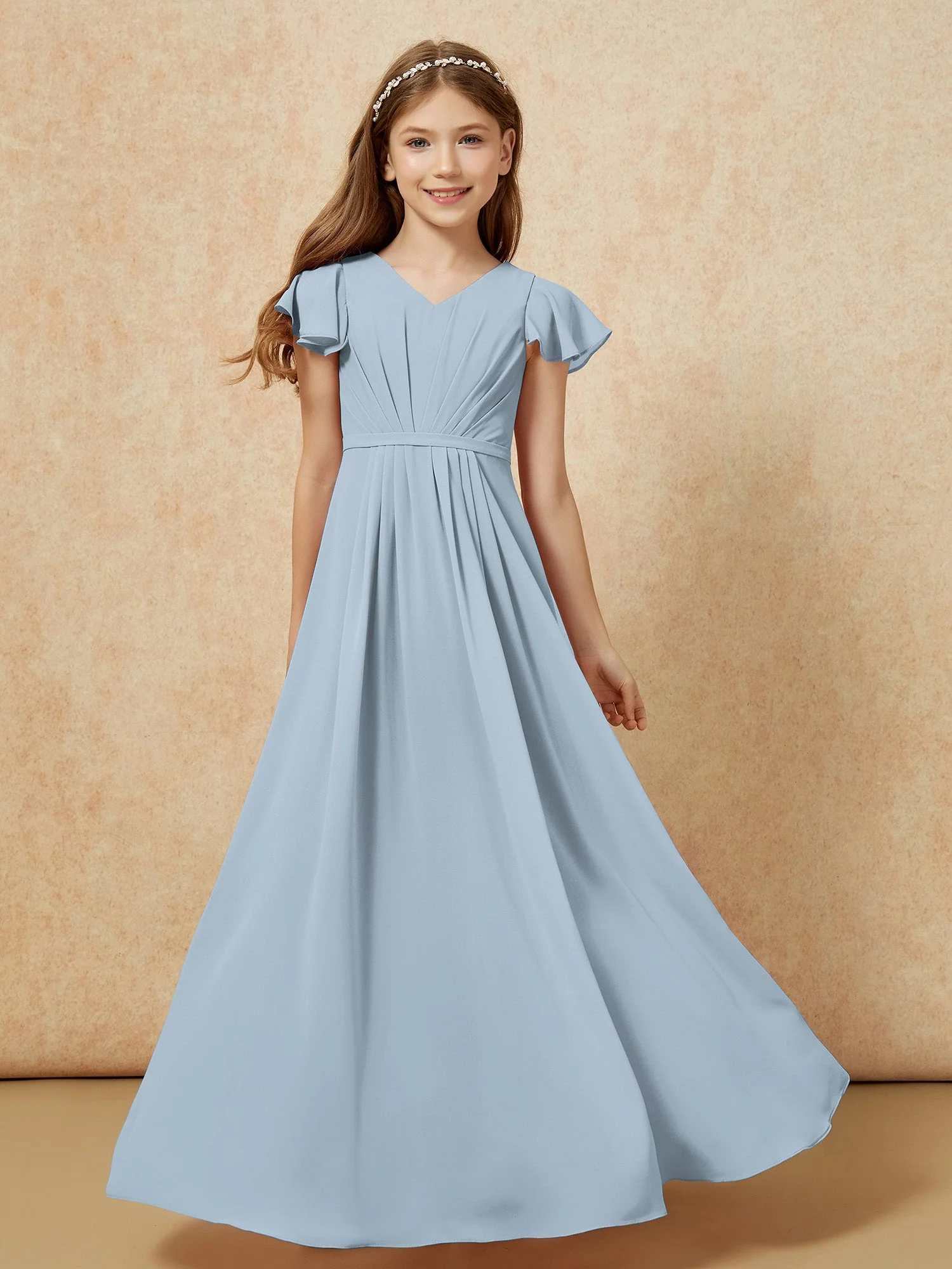 Flatterärmel V-Ausschnitt Chiffon Junge Brautjungfernkleider Staubiges Blau