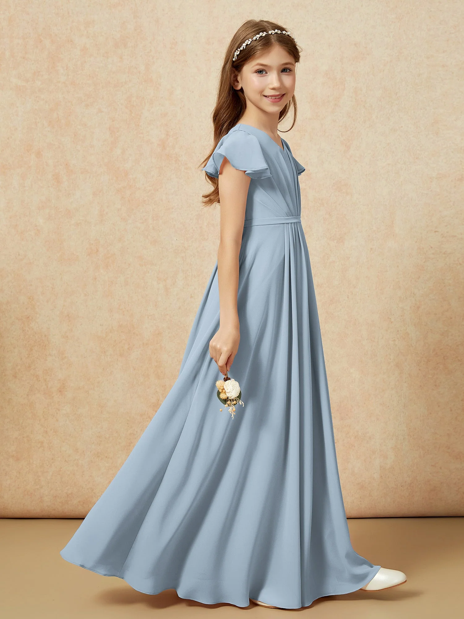 Flatterärmel V-Ausschnitt Chiffon Junge Brautjungfernkleider Staubiges Blau - Image 5