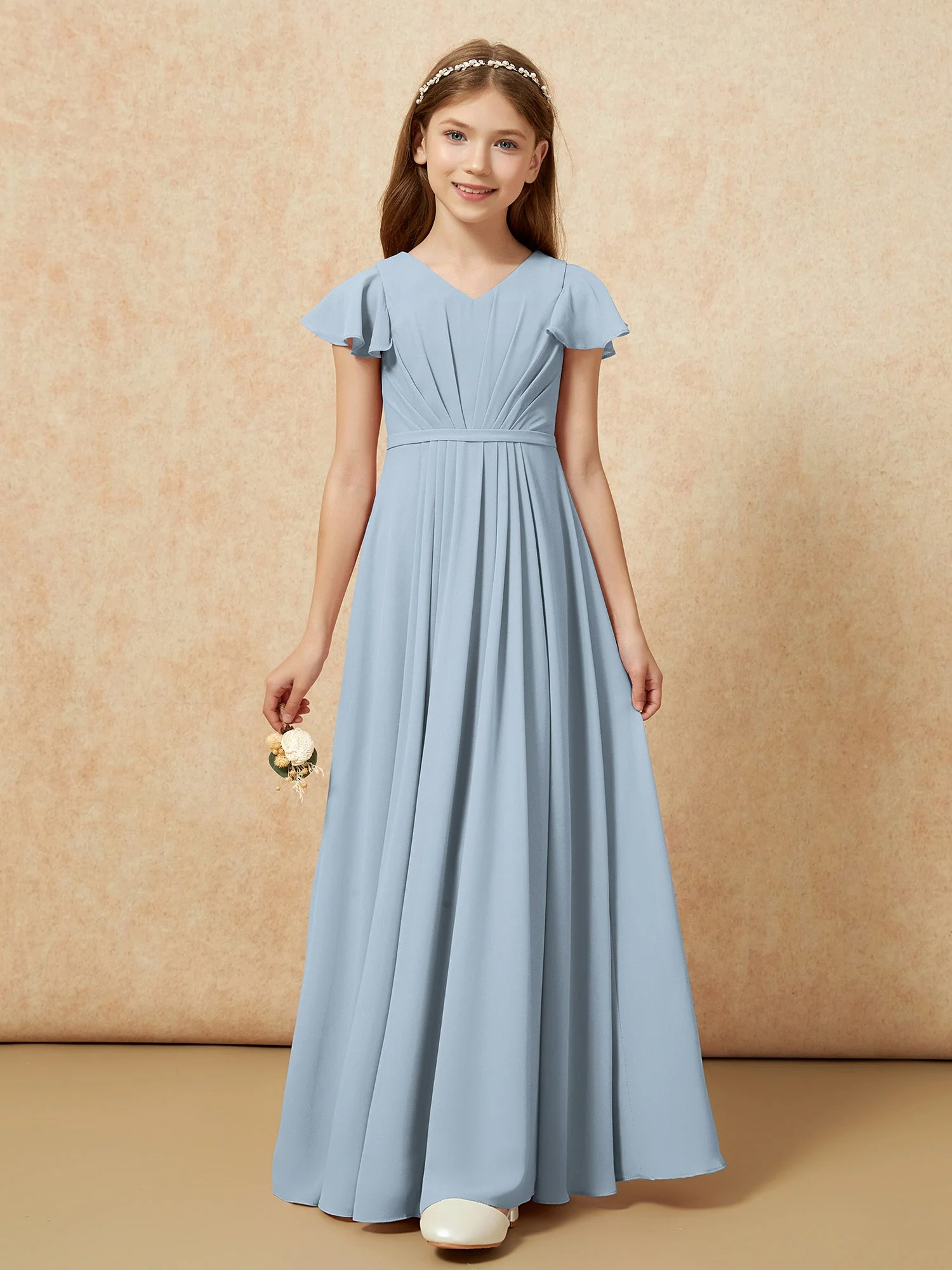 Flatterärmel V-Ausschnitt Chiffon Junge Brautjungfernkleider Staubiges Blau - Image 6