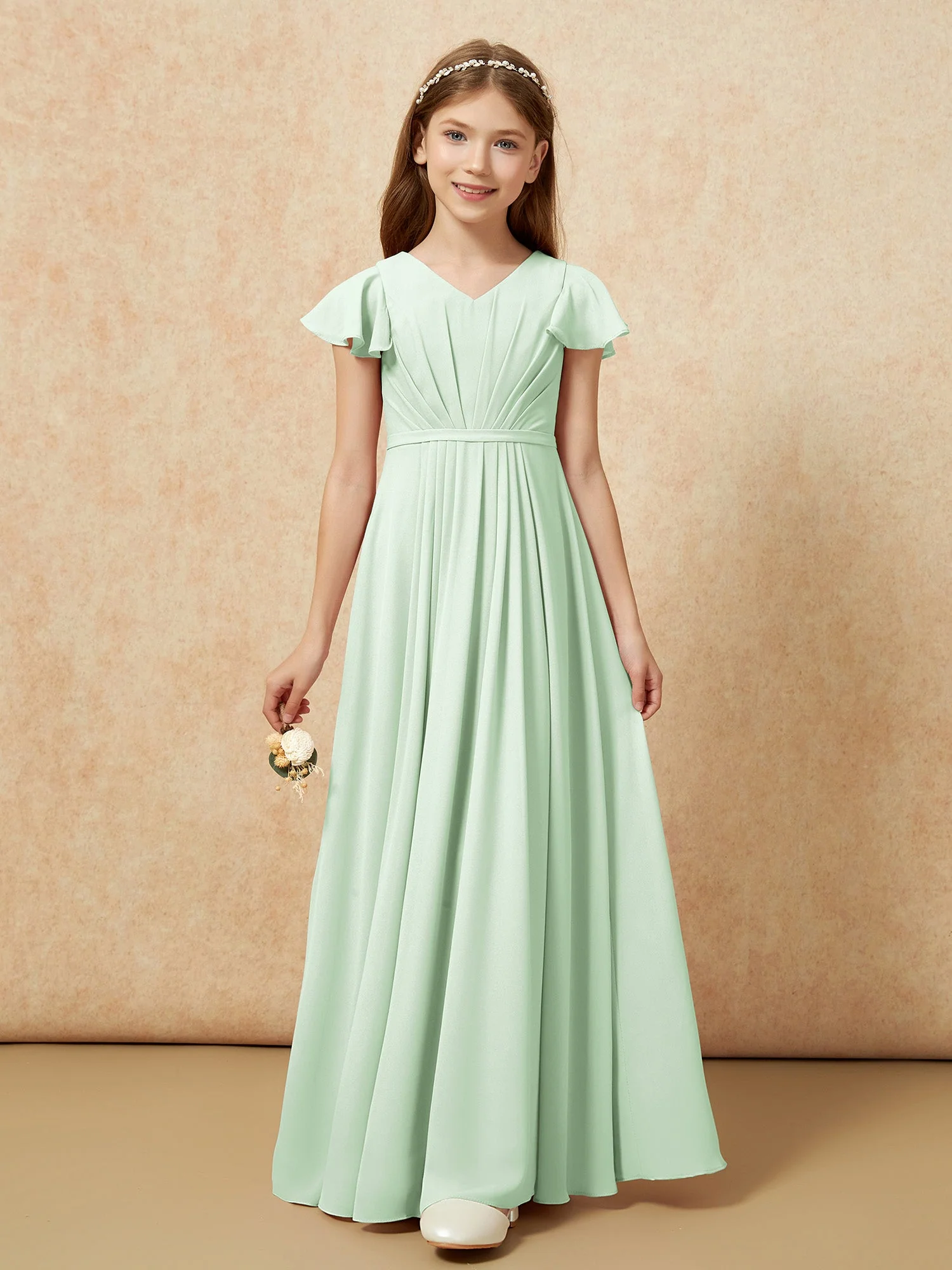 Flatterärmel V-Ausschnitt Chiffon Junge Brautjungfernkleider Staubiges Salbei - Image 6