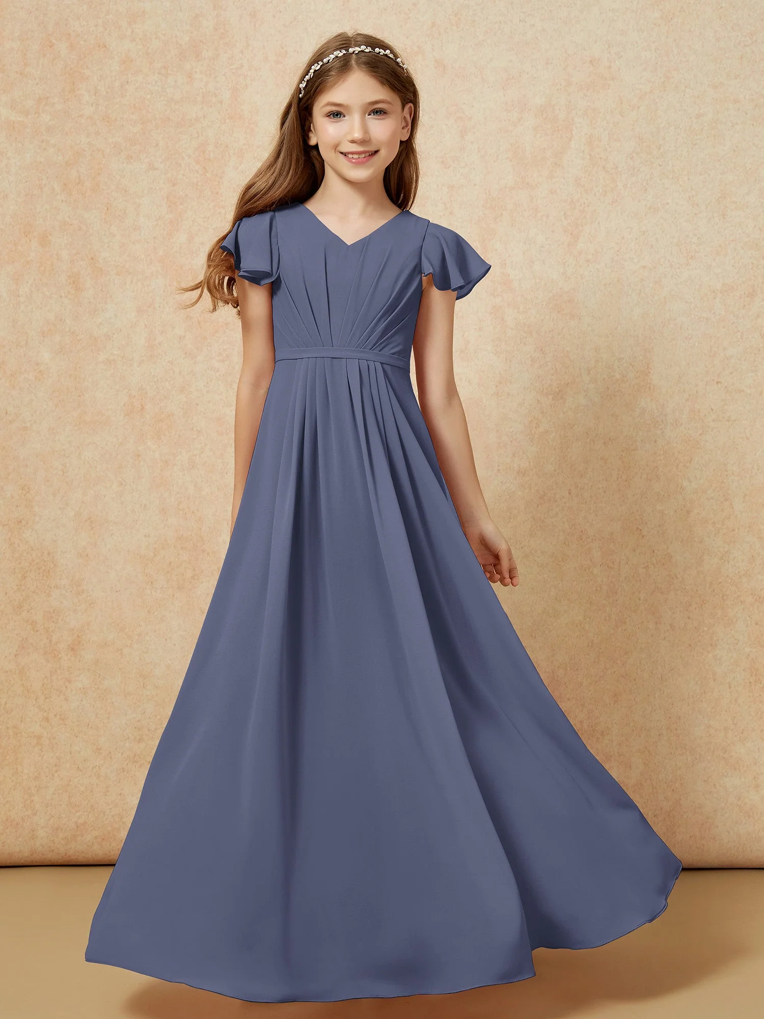 FlatterÀrmel V-Ausschnitt Chiffon Junge Brautjungfernkleider Sturm