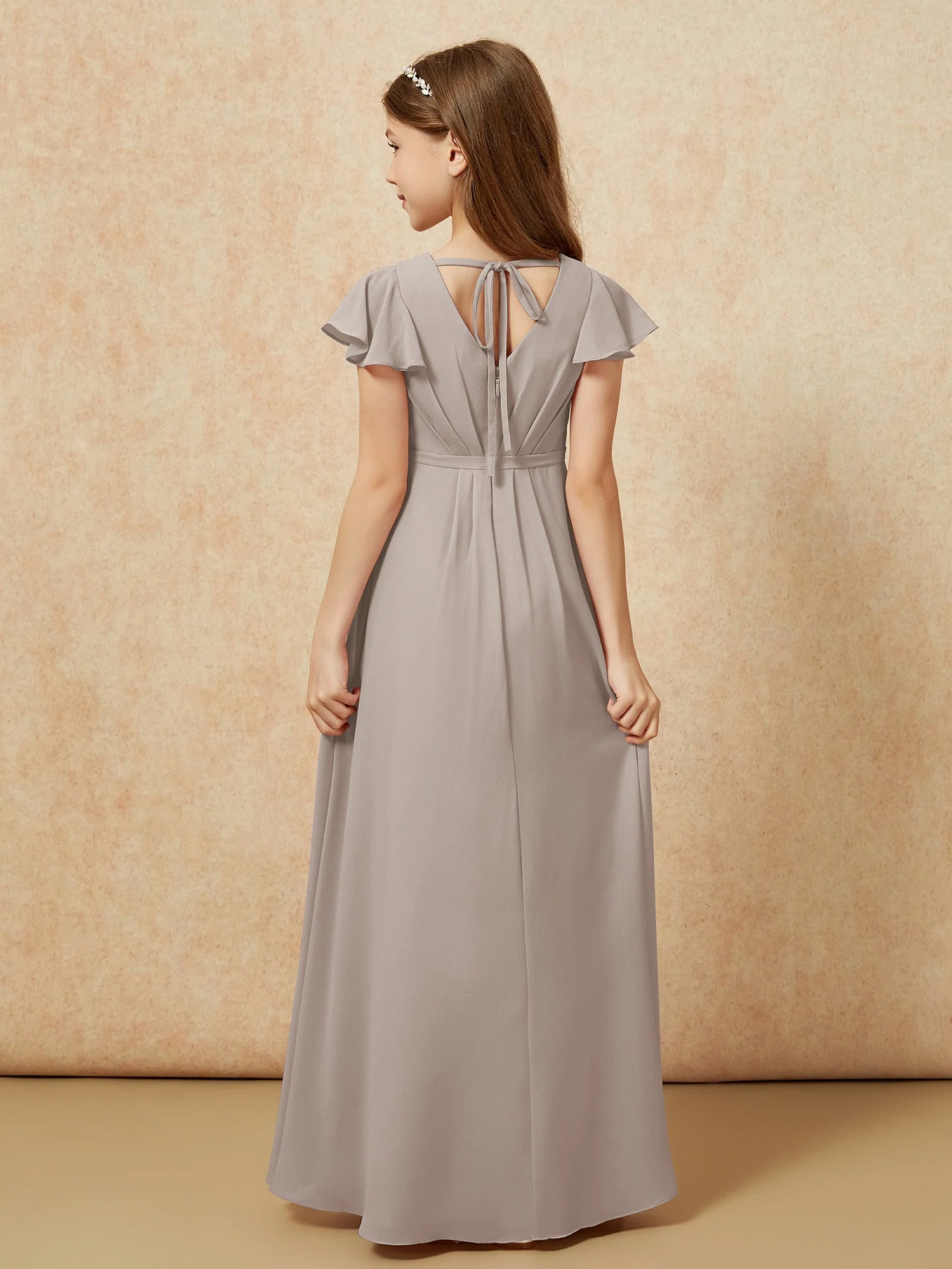 Flatterärmel V-Ausschnitt Chiffon Junge Brautjungfernkleider Taupe - Image 2