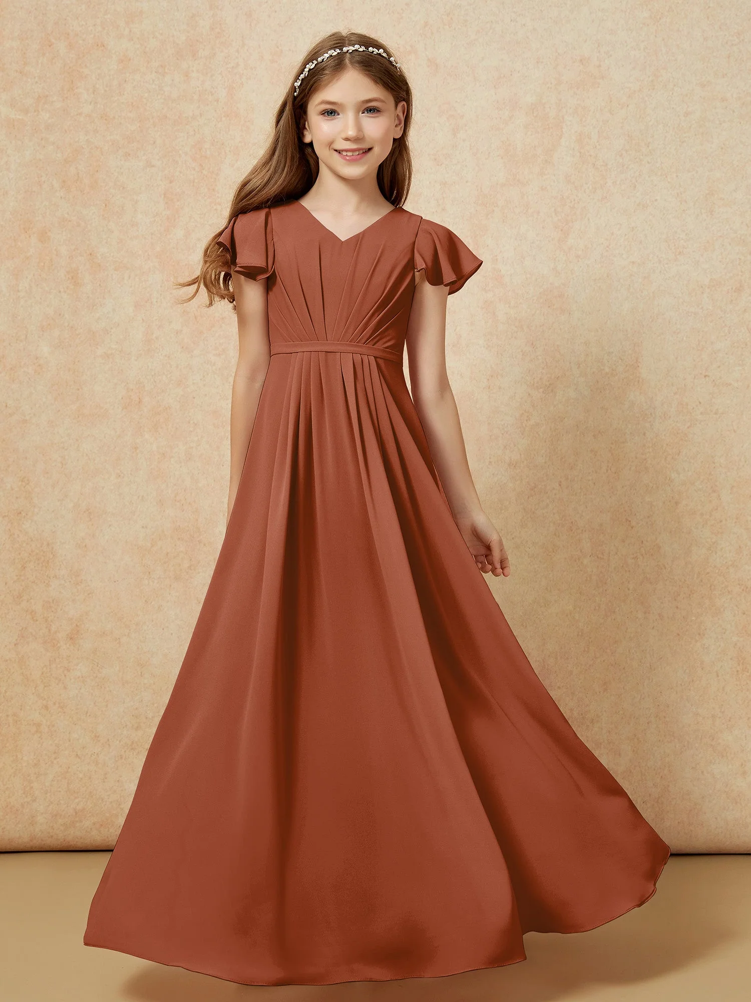 Flatterärmel V-Ausschnitt Chiffon Junge Brautjungfernkleider Terrakotta