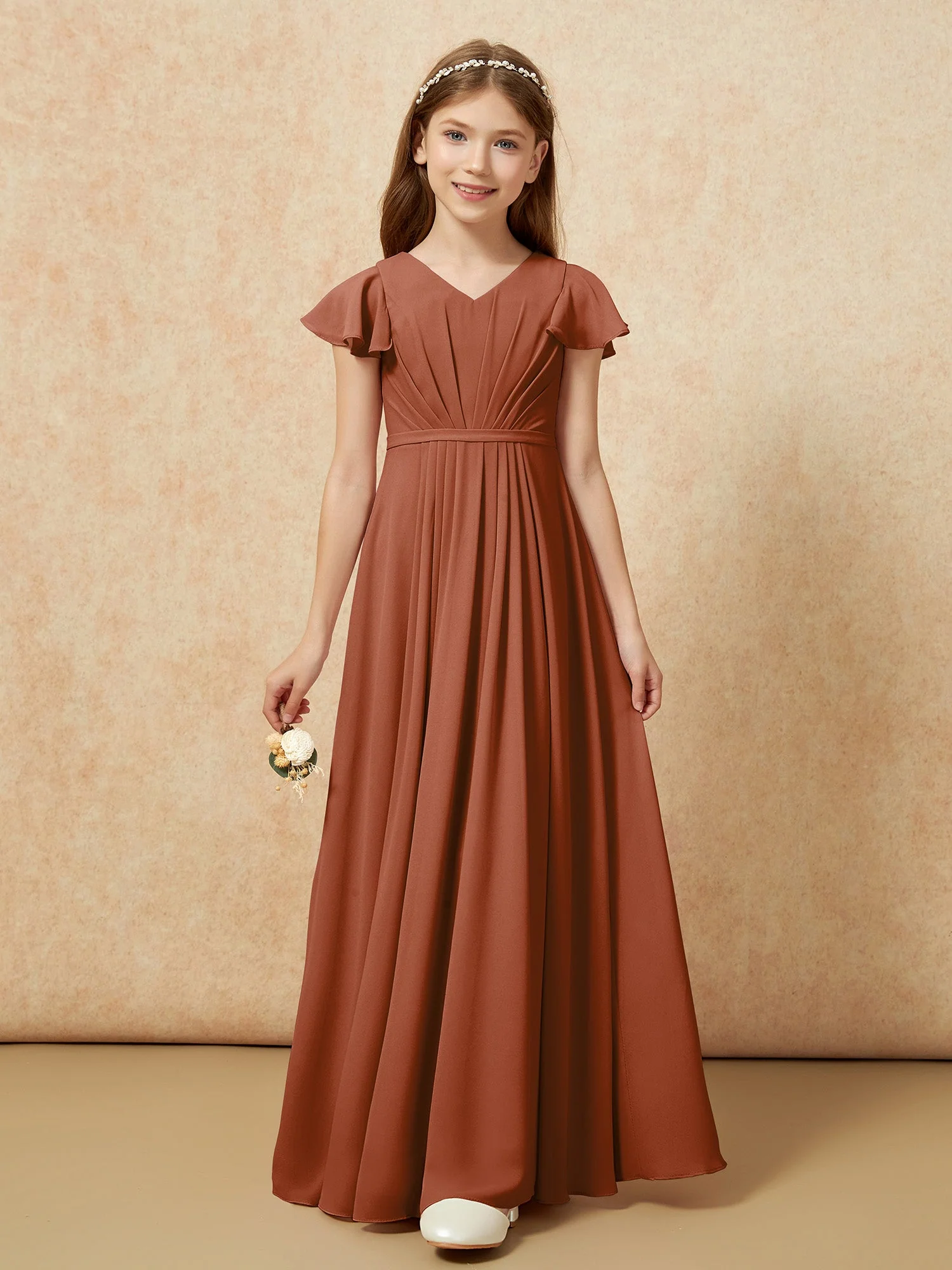 Flatterärmel V-Ausschnitt Chiffon Junge Brautjungfernkleider Terrakotta - Image 6