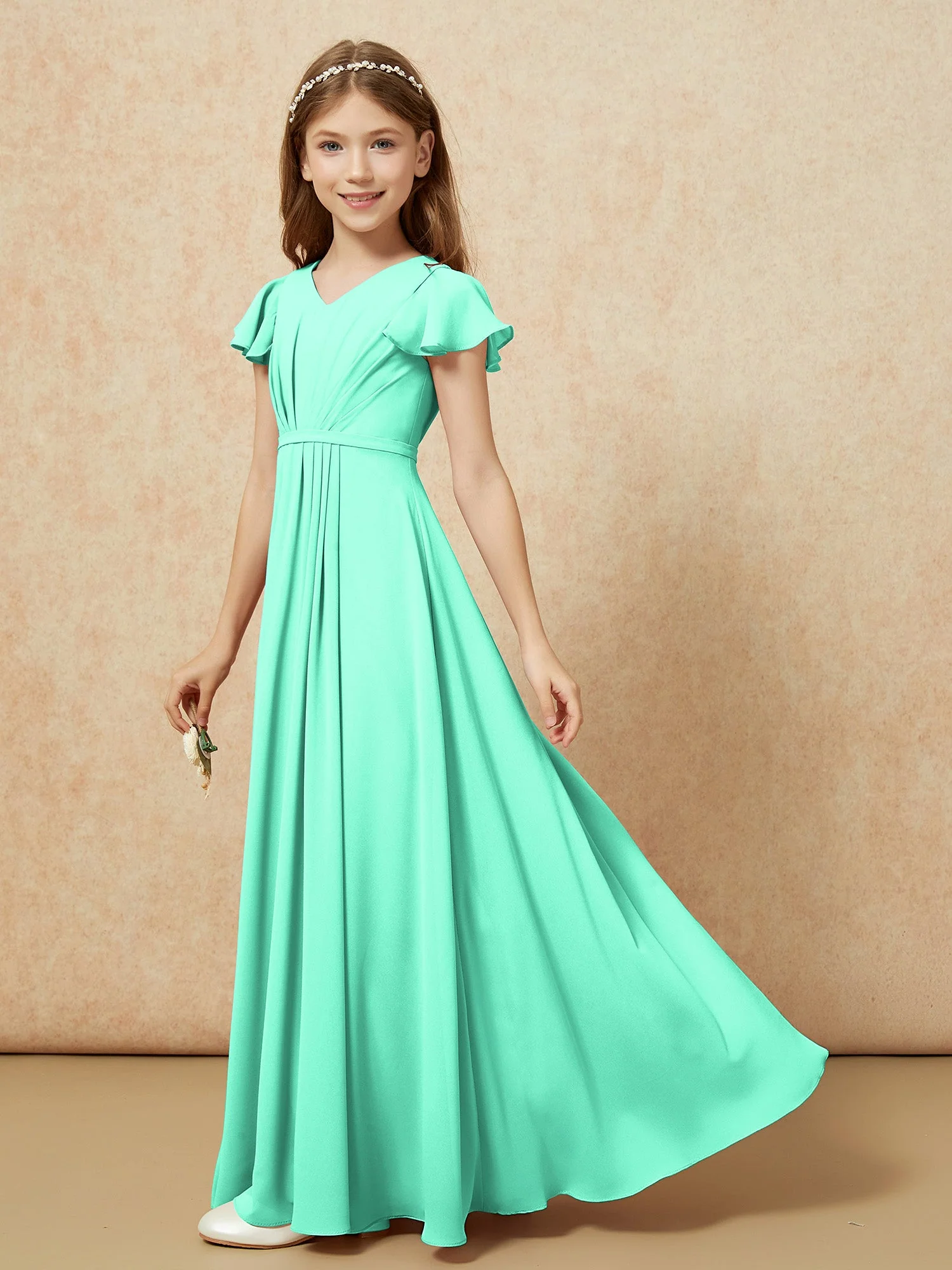 Flatterärmel V-Ausschnitt Chiffon Junge Brautjungfernkleider Türkis - Image 3