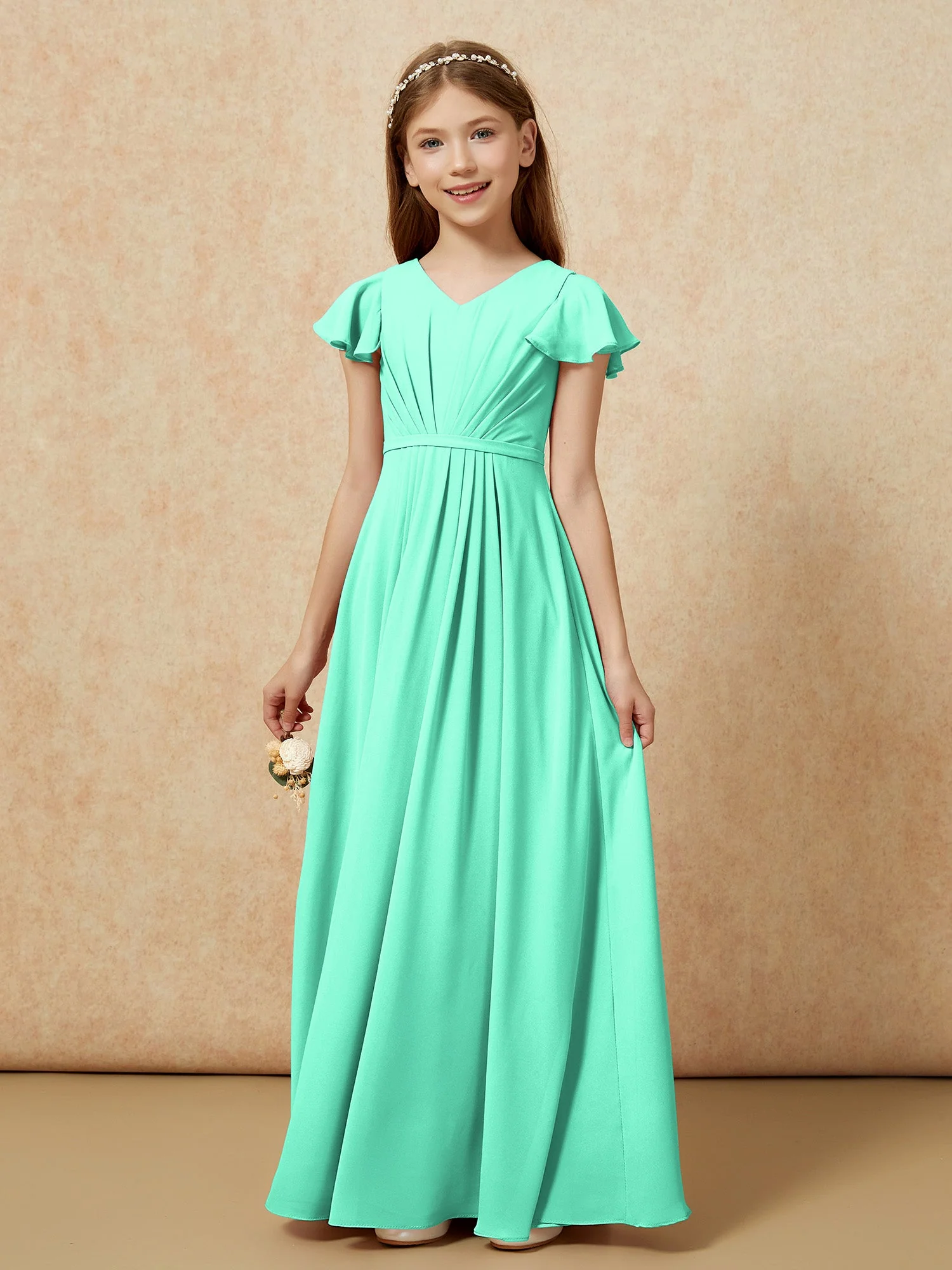 Flatterärmel V-Ausschnitt Chiffon Junge Brautjungfernkleider Türkis - Image 7