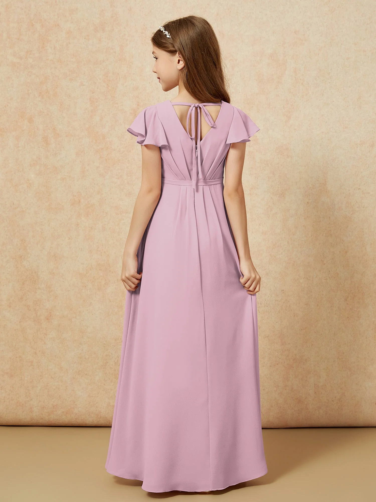 Flatterärmel V-Ausschnitt Chiffon Junge Brautjungfernkleider Vintage Mauve - Image 2
