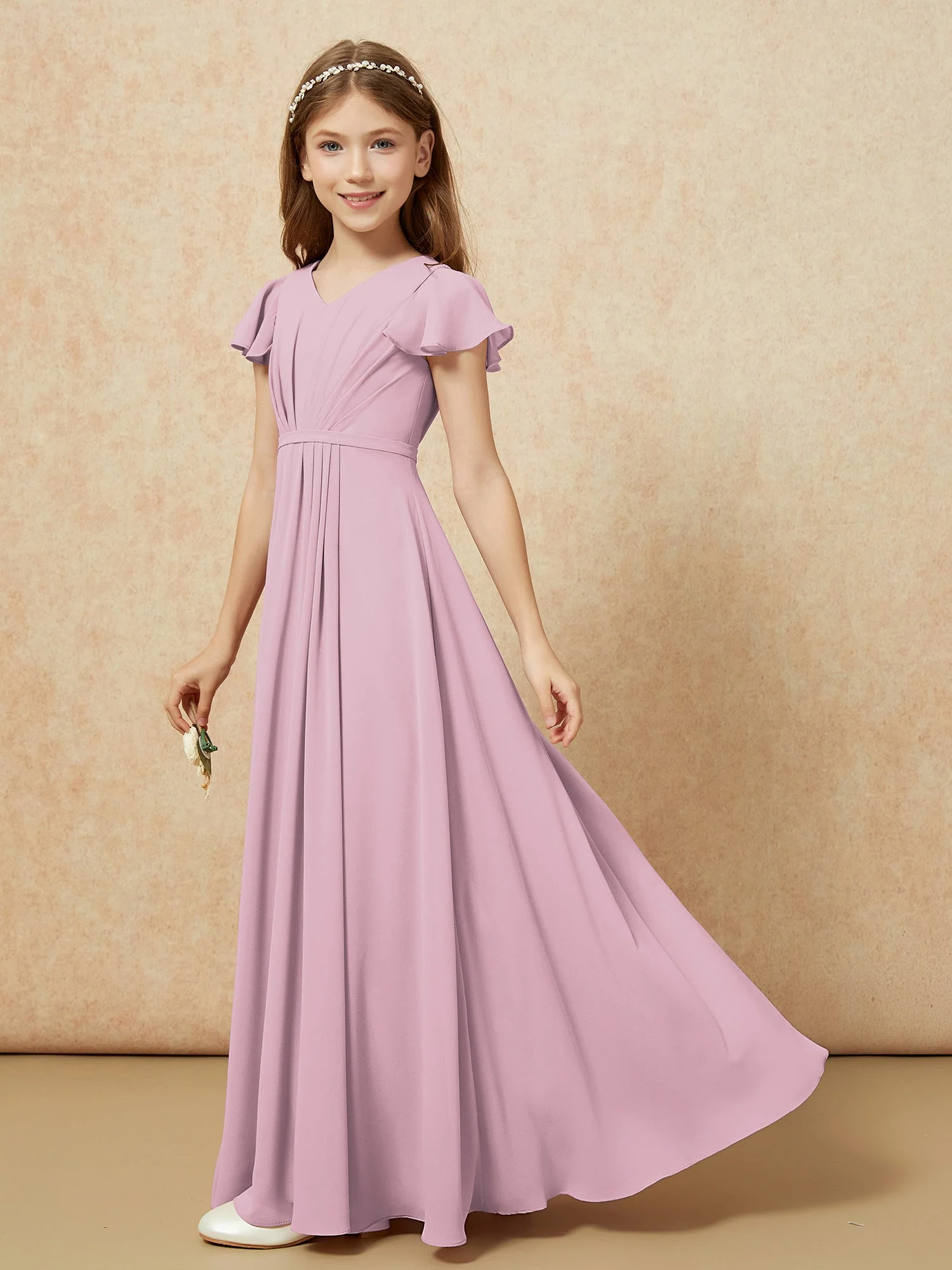 Flatterärmel V-Ausschnitt Chiffon Junge Brautjungfernkleider Vintage Mauve - Image 3