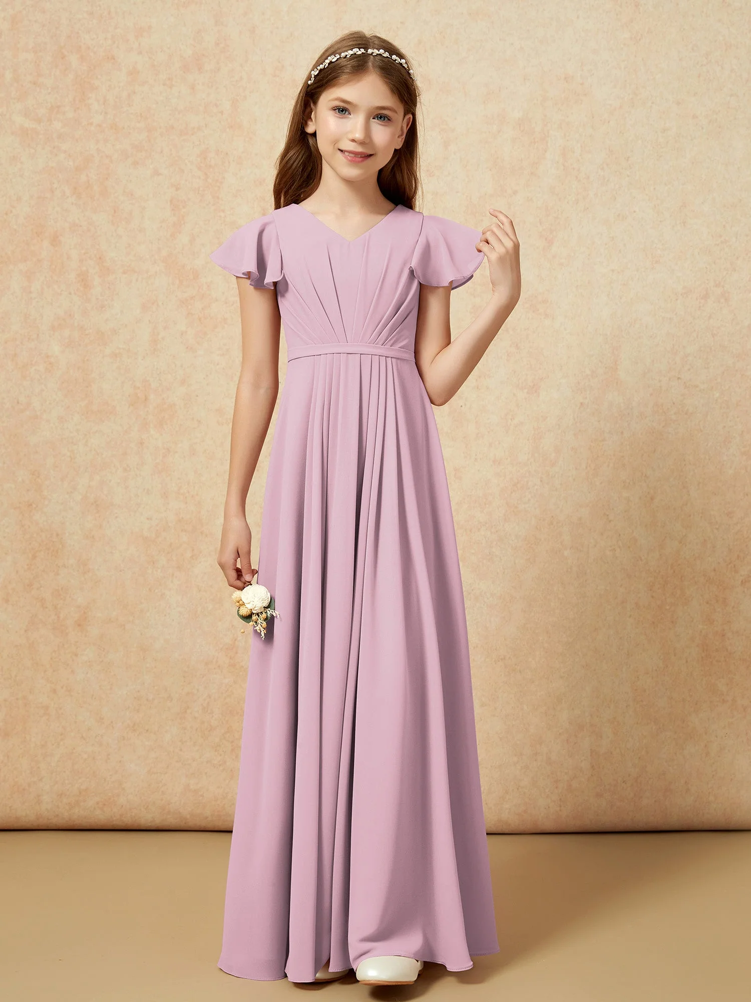 Flatterärmel V-Ausschnitt Chiffon Junge Brautjungfernkleider Vintage Mauve - Image 4