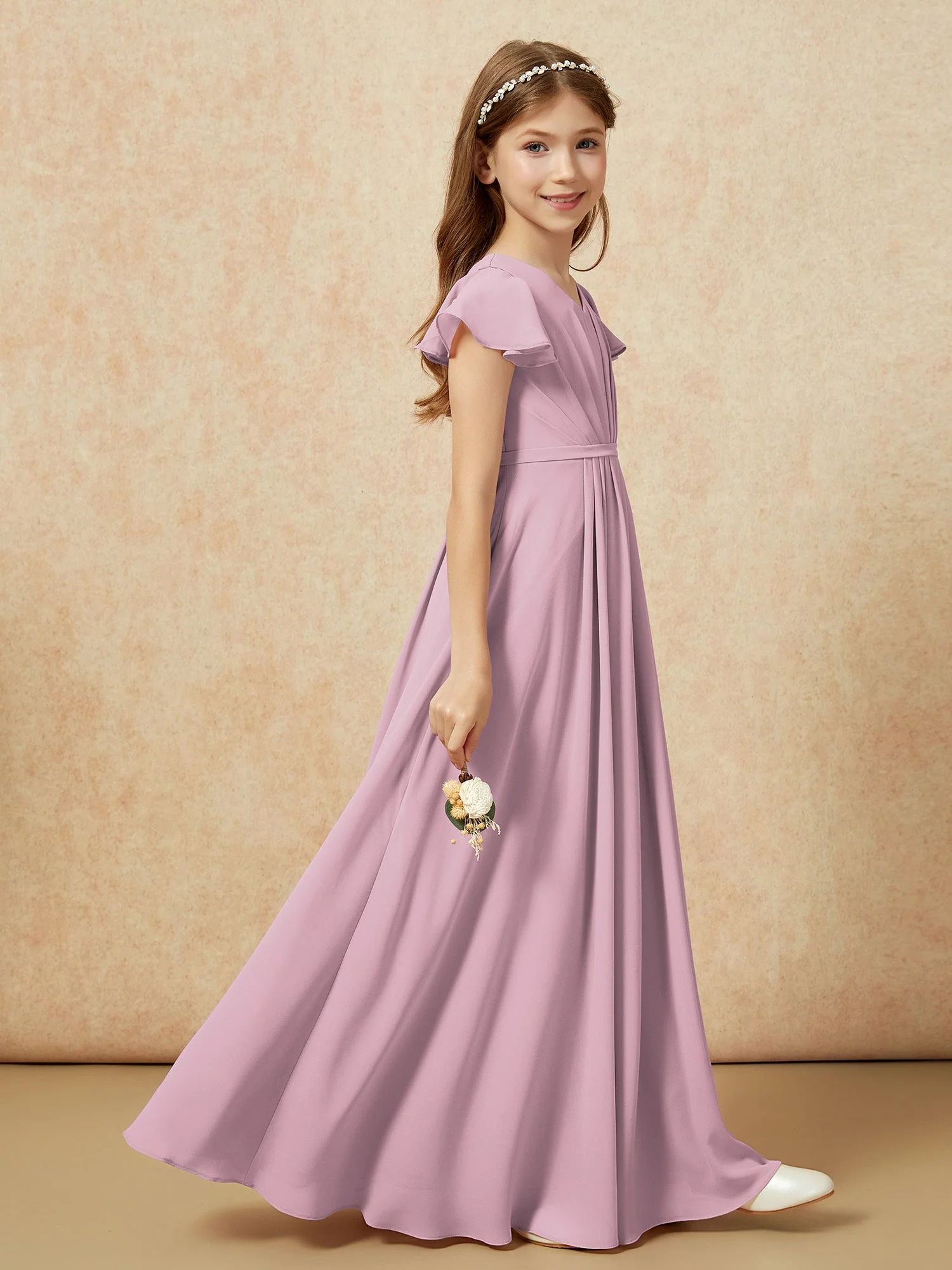 Flatterärmel V-Ausschnitt Chiffon Junge Brautjungfernkleider Vintage Mauve - Image 5