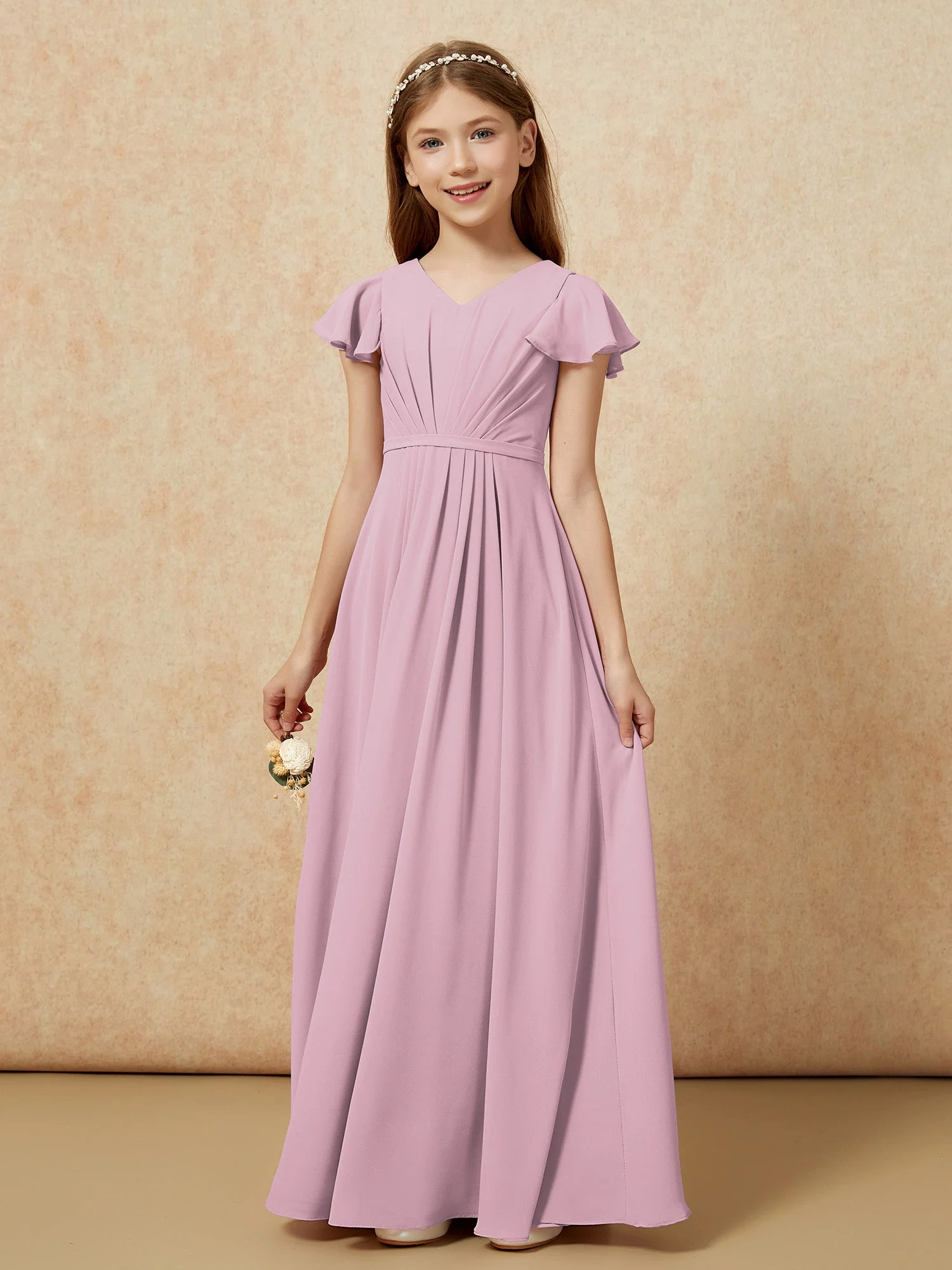 Flatterärmel V-Ausschnitt Chiffon Junge Brautjungfernkleider Vintage Mauve - Image 7