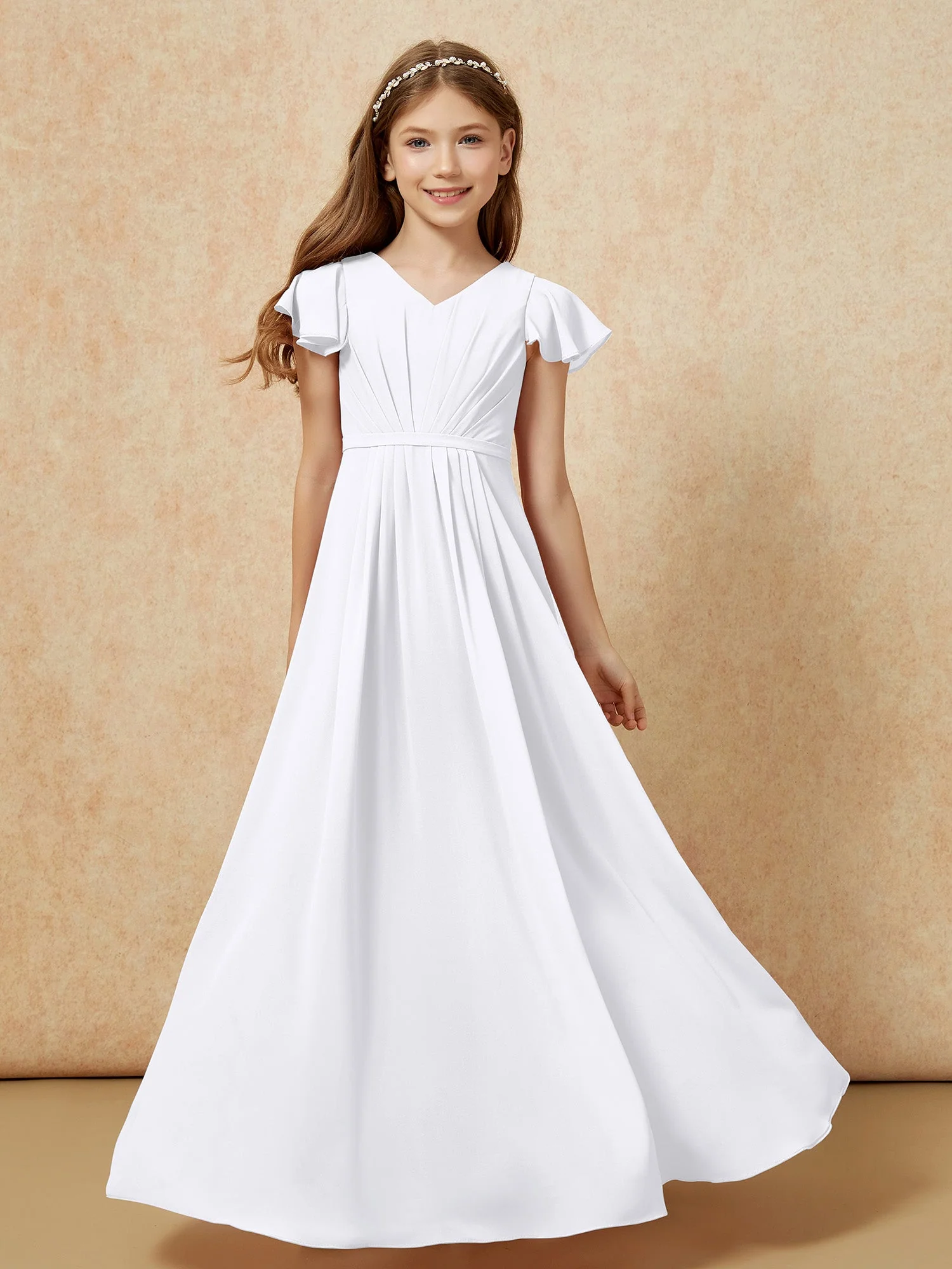 Flatterärmel V-Ausschnitt Chiffon Junge Brautjungfernkleider Weiß