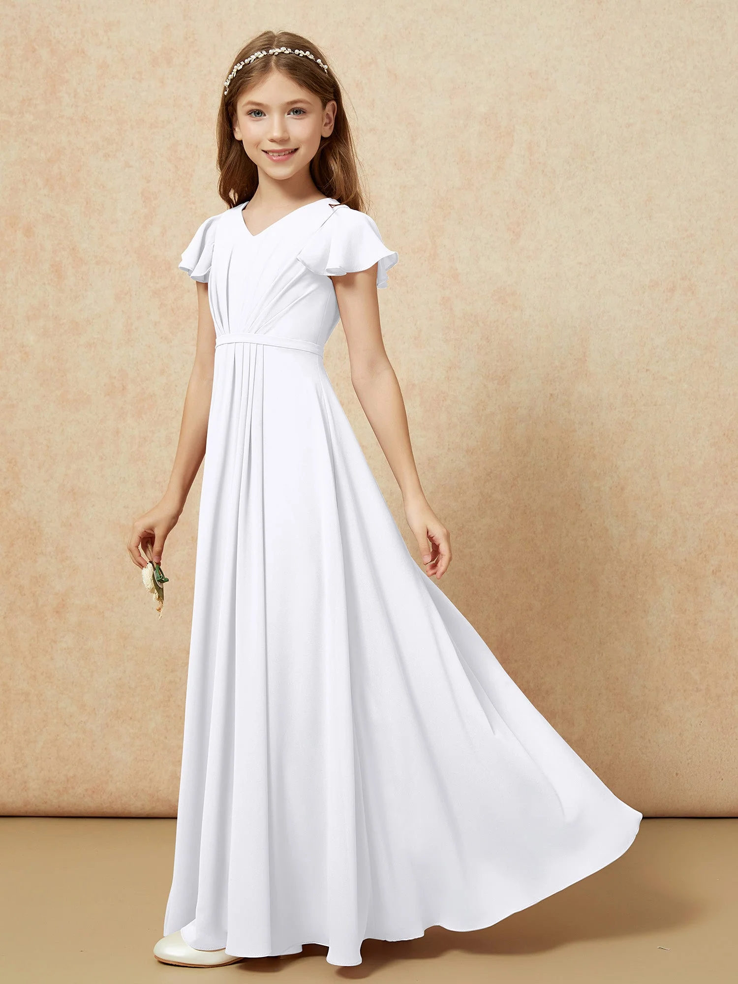 Flatterärmel V-Ausschnitt Chiffon Junge Brautjungfernkleider Weiß - Image 3