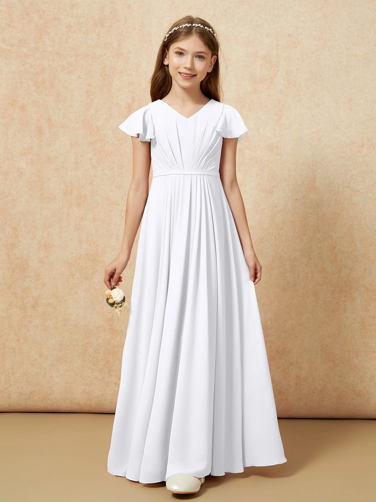 Flatterärmel V-Ausschnitt Chiffon Junge Brautjungfernkleider Weiß - Image 6