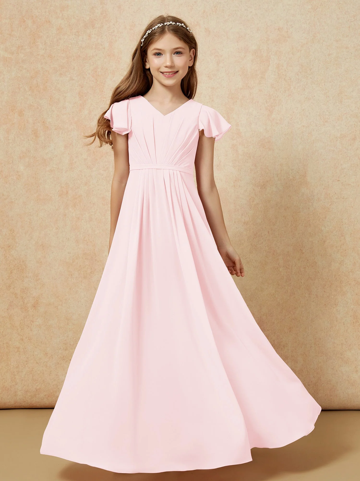 FlatterÀrmel V-Ausschnitt Chiffon Junge Brautjungfernkleider Zartrosa