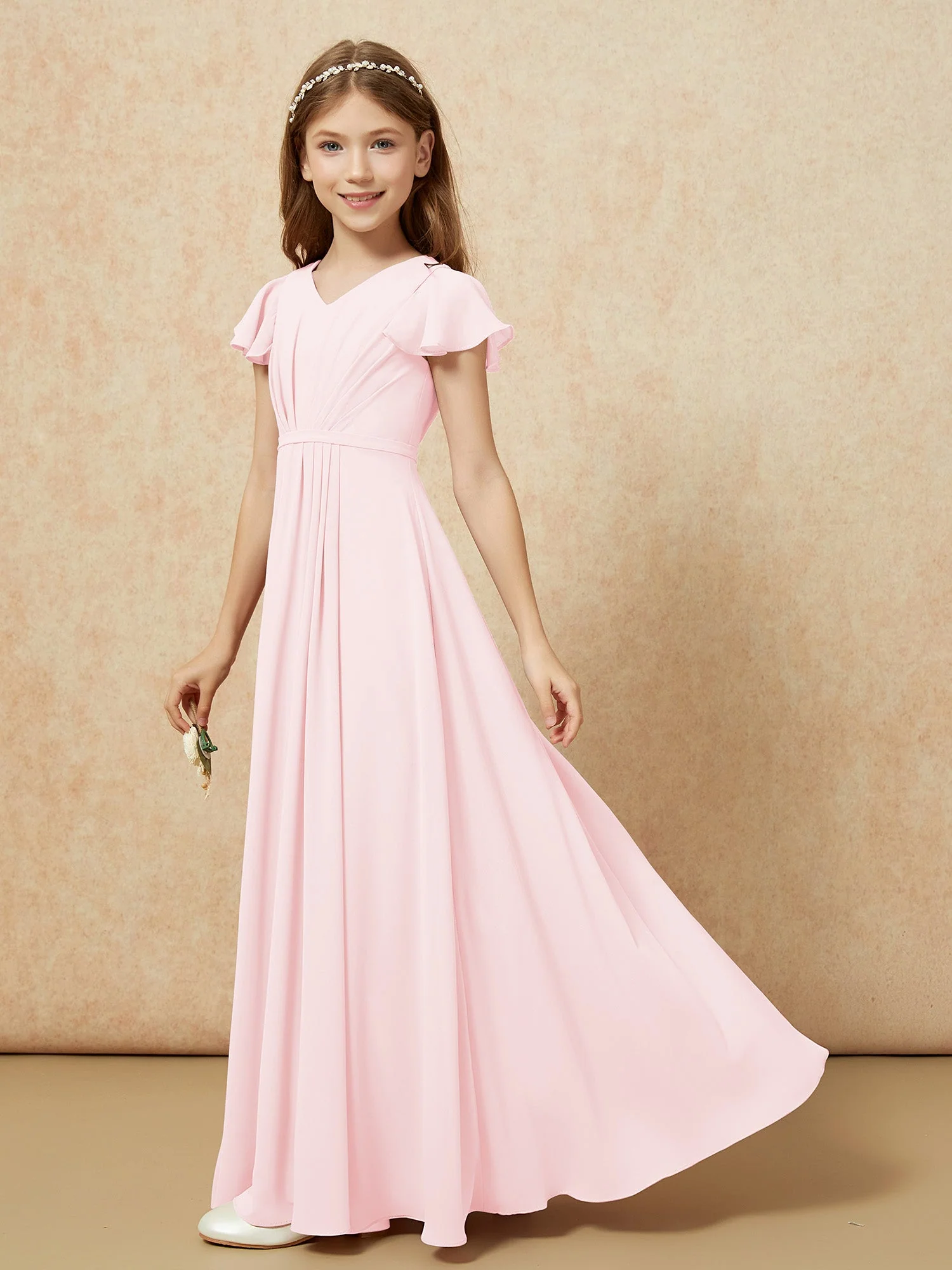 FlatterÀrmel V-Ausschnitt Chiffon Junge Brautjungfernkleider Zartrosa - Image 3