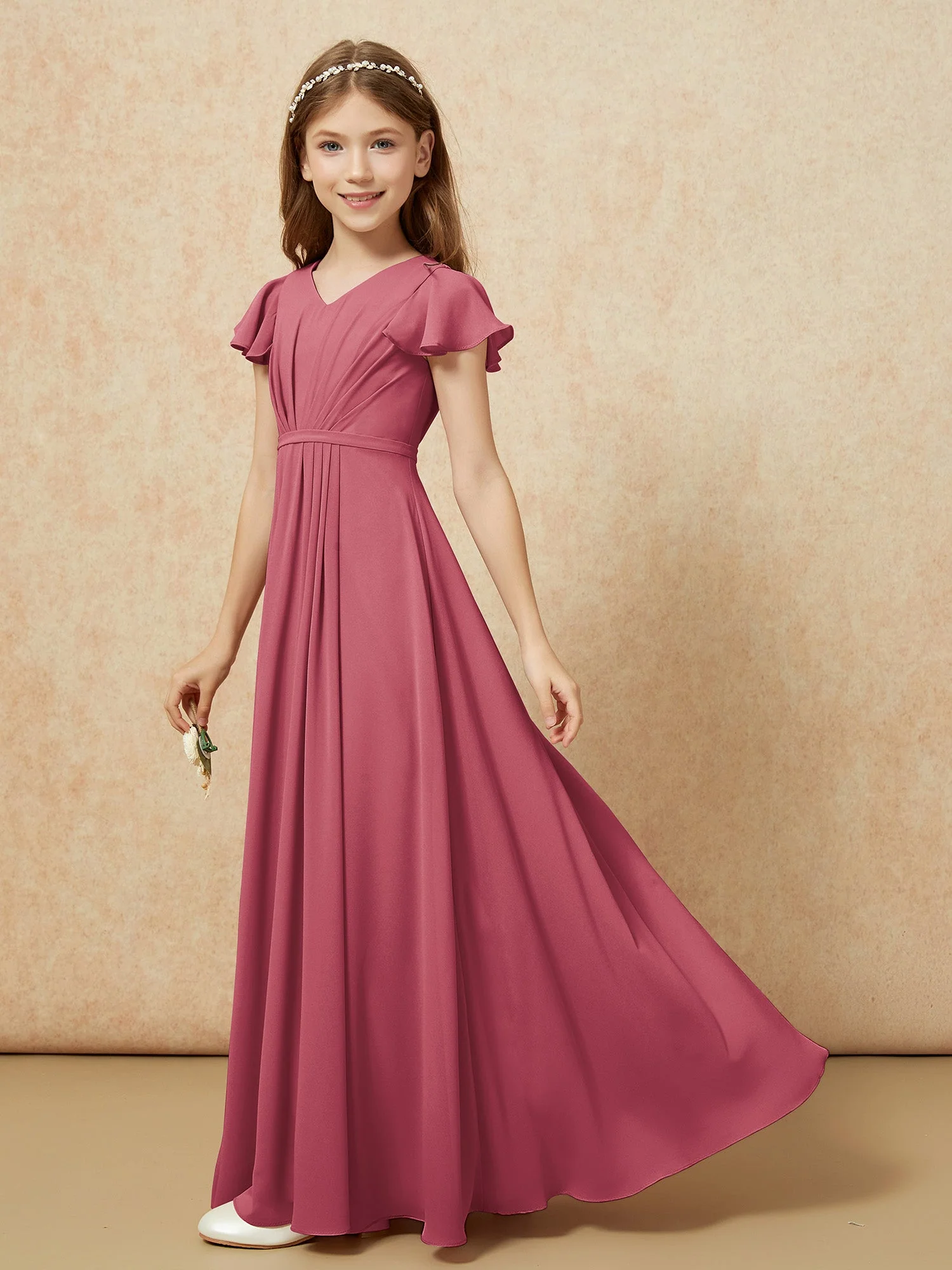 Flatterärmel V-Ausschnitt Chiffon Junge Brautjungfernkleider Zimtrose - Image 3
