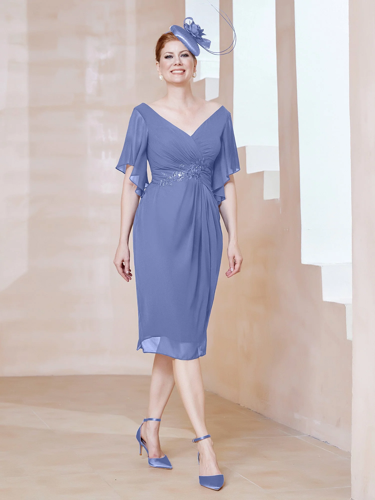 Flatterärmel V-Ausschnitt Pailletten Applique Etui Kleid Periwinkleblau Übergröße