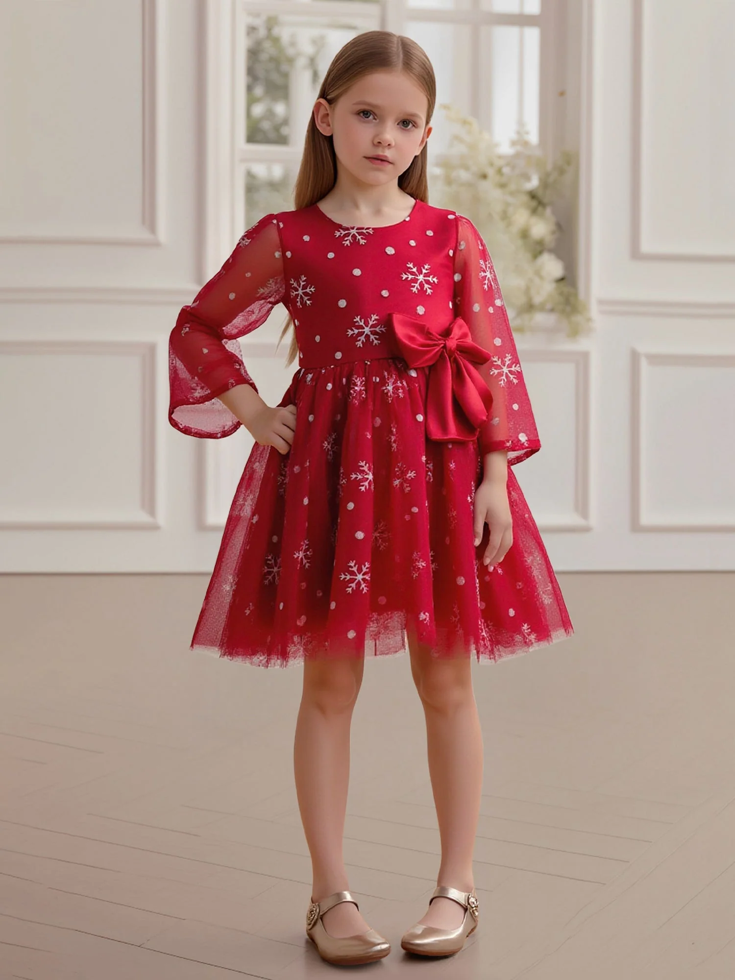 Schneeflocke Druck Glocke Ärmel Groß Schleife Blumenmädchen Kleid Rot