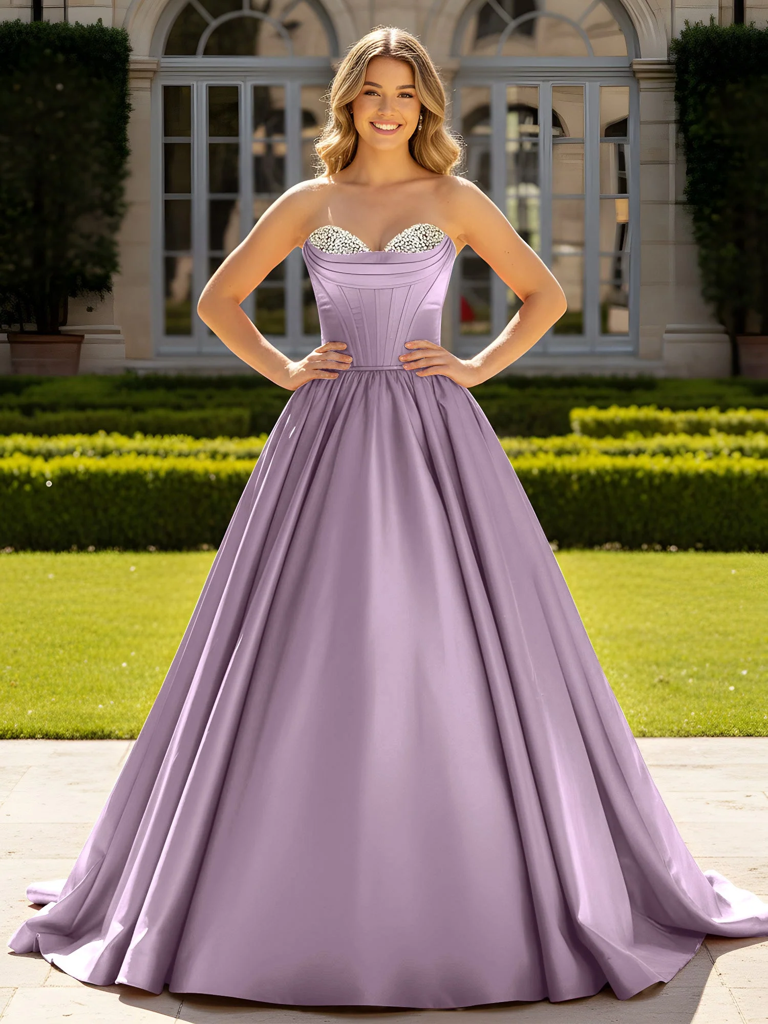 Trägerlos Satin Ballkleid mit Kristall Bustier Detail Blauregen