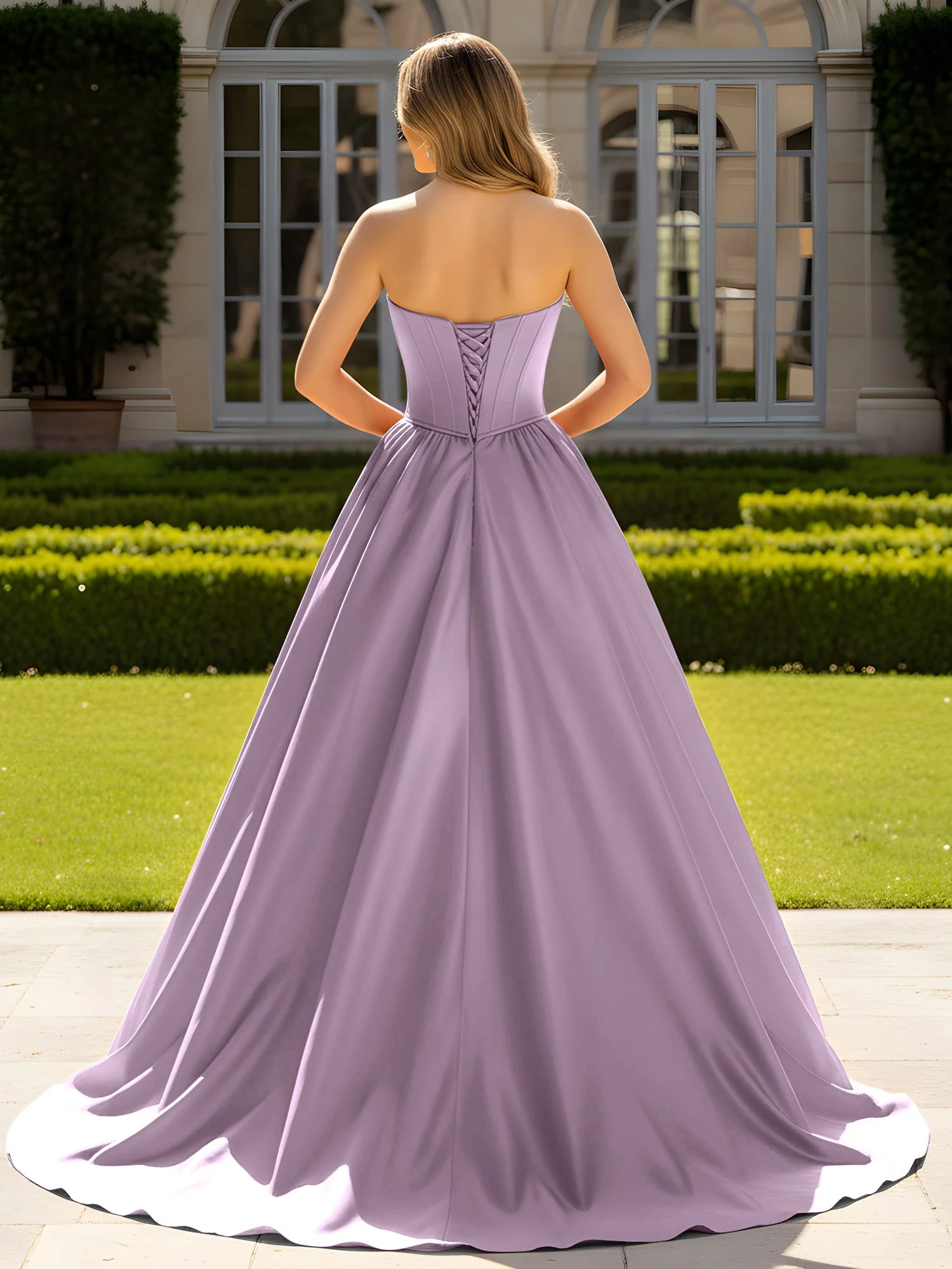 Trägerlos Satin Ballkleid mit Kristall Bustier Detail Blauregen - Image 2