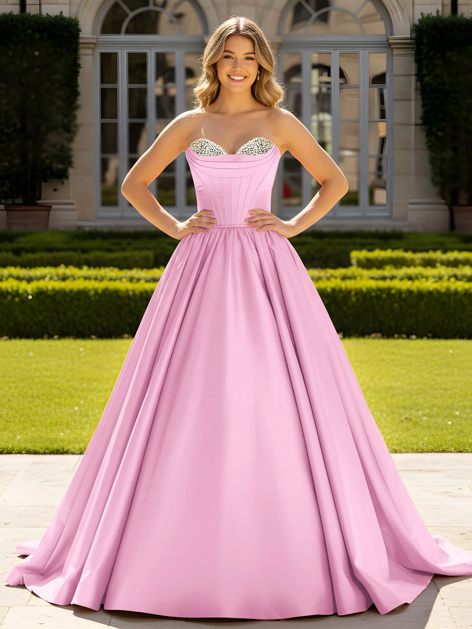 Trägerlos Satin Ballkleid mit Kristall Bustier Detail Bonbonrosa