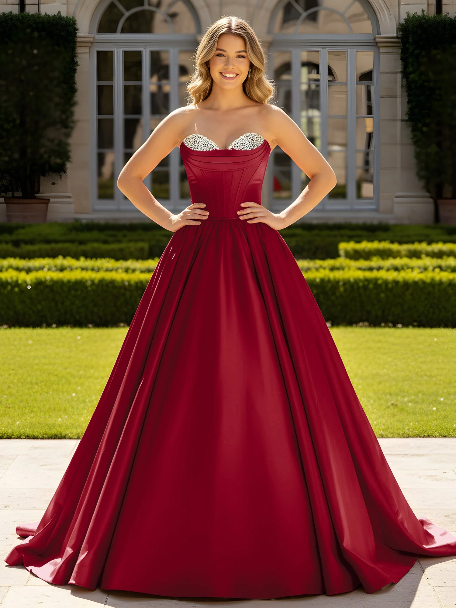 Trägerlos Satin Ballkleid mit Kristall Bustier Detail Burgunderrot
