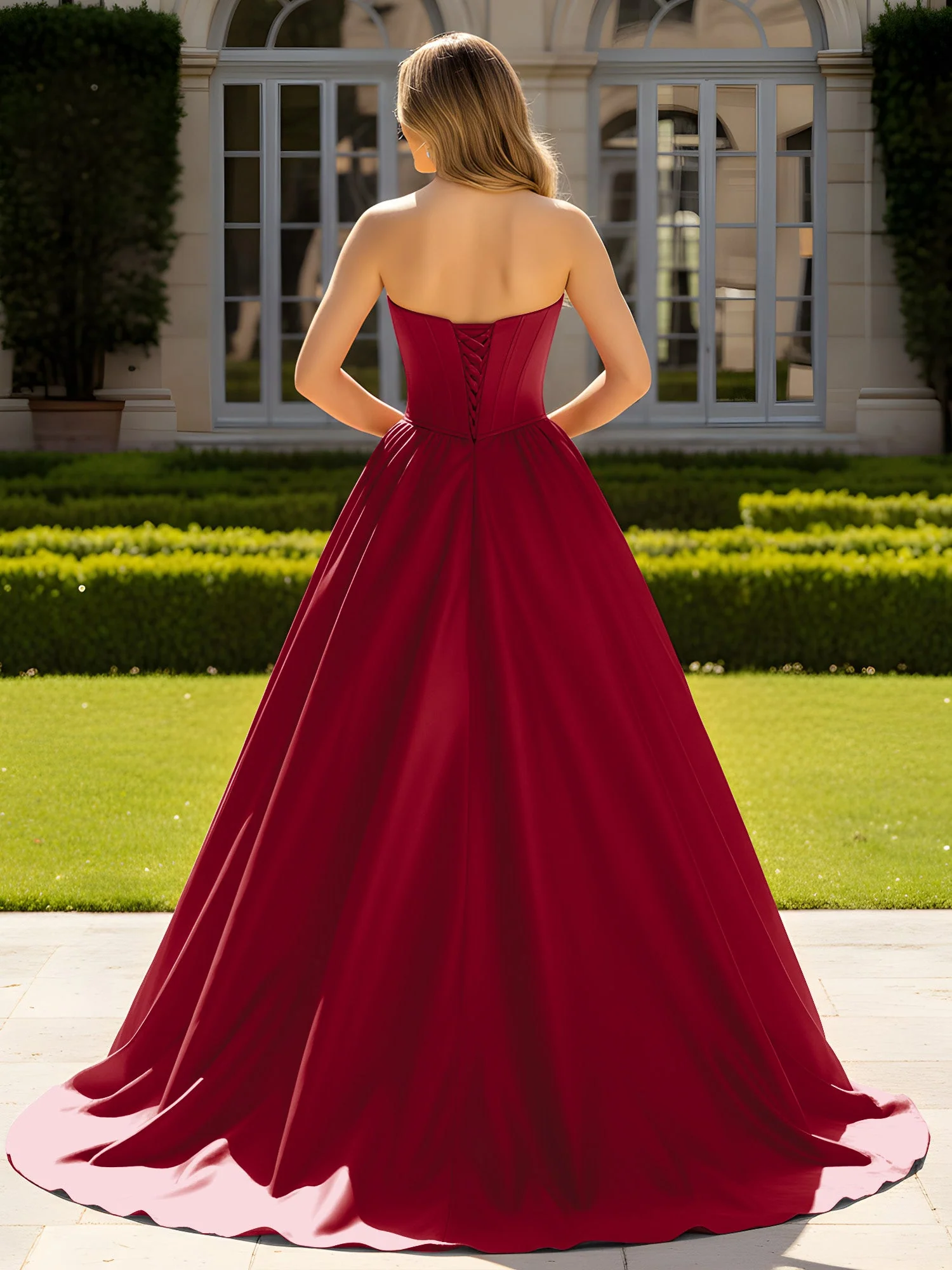 Trägerlos Satin Ballkleid mit Kristall Bustier Detail Burgunderrot - Image 2