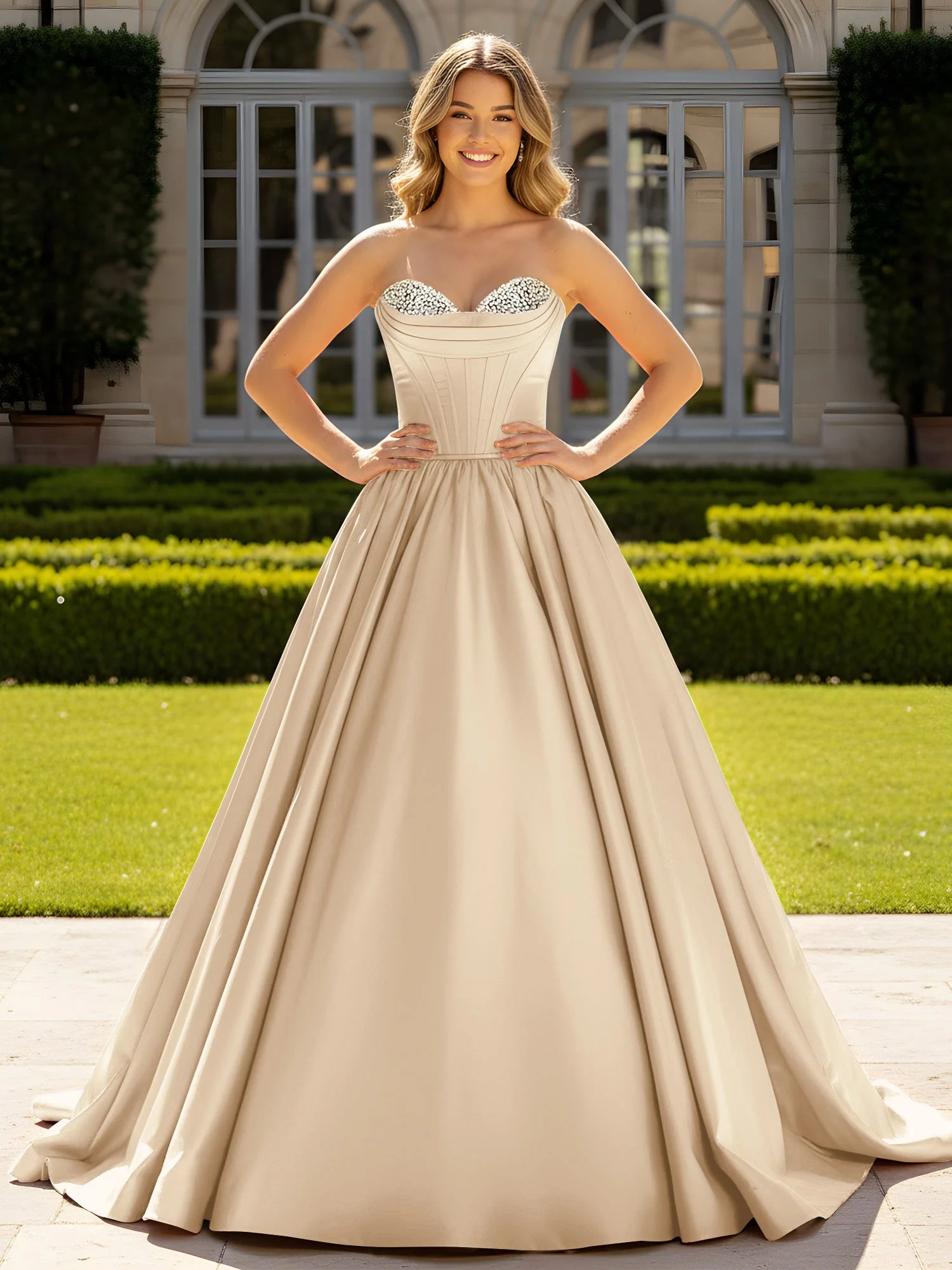 Trägerlos Satin Ballkleid mit Kristall Bustier Detail Champagner