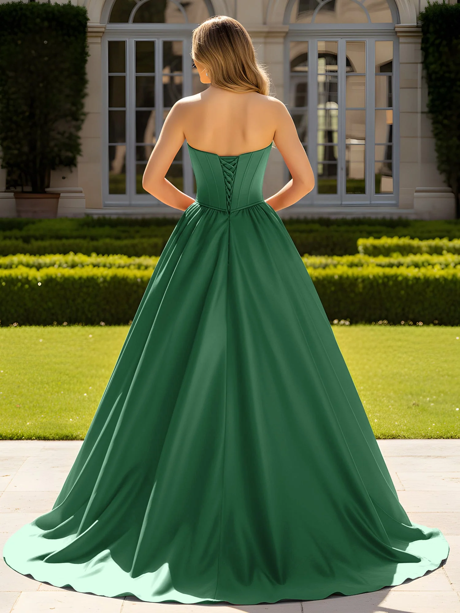 Trägerlos Satin Ballkleid mit Kristall Bustier Detail Dunkelgrün - Image 2