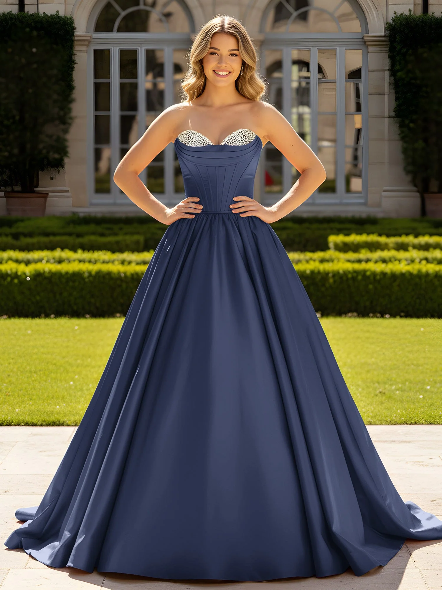 Trägerlos Satin Ballkleid mit Kristall Bustier Detail Dunkelmarine