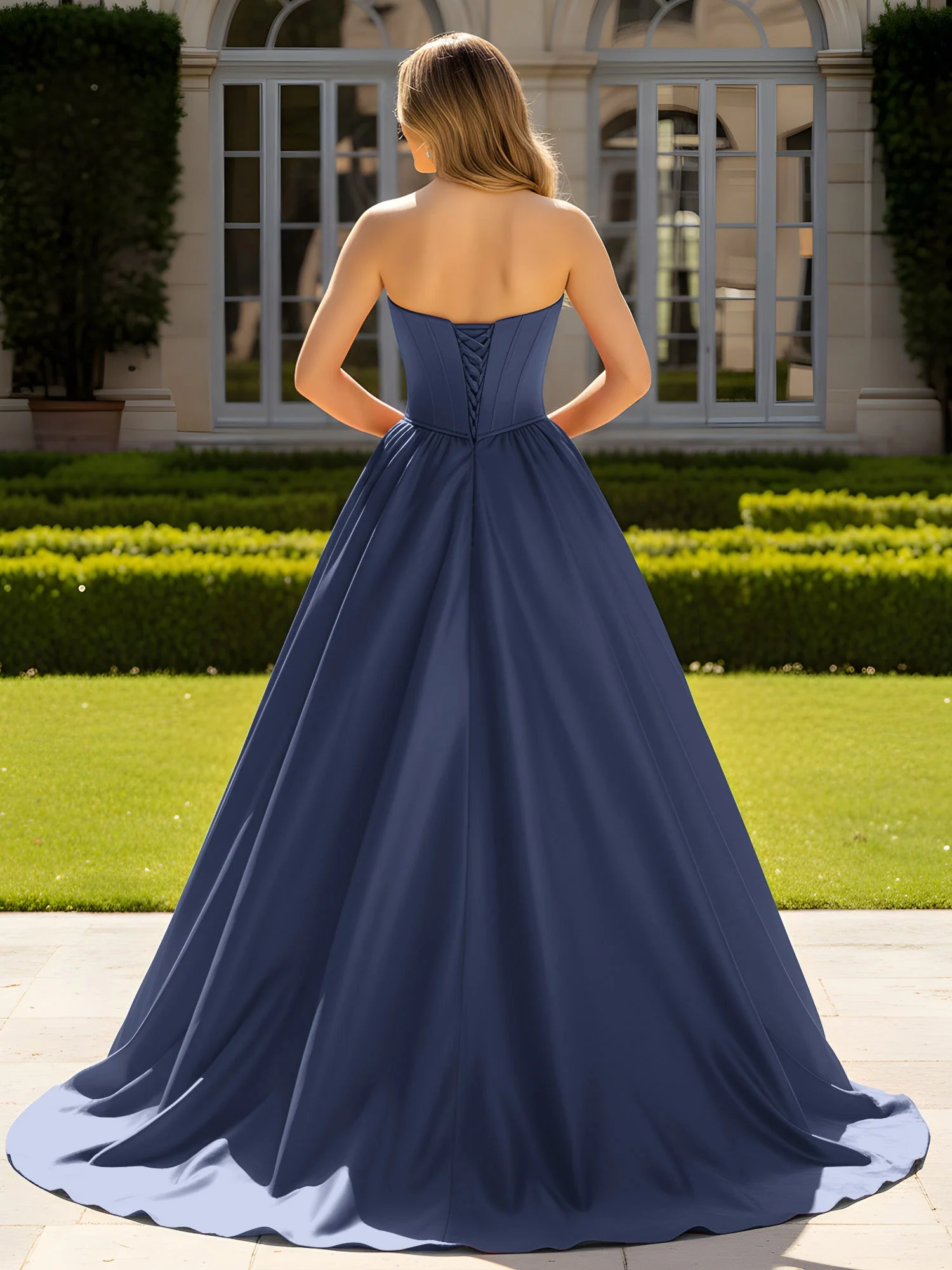 Trägerlos Satin Ballkleid mit Kristall Bustier Detail Dunkelmarine - Image 2
