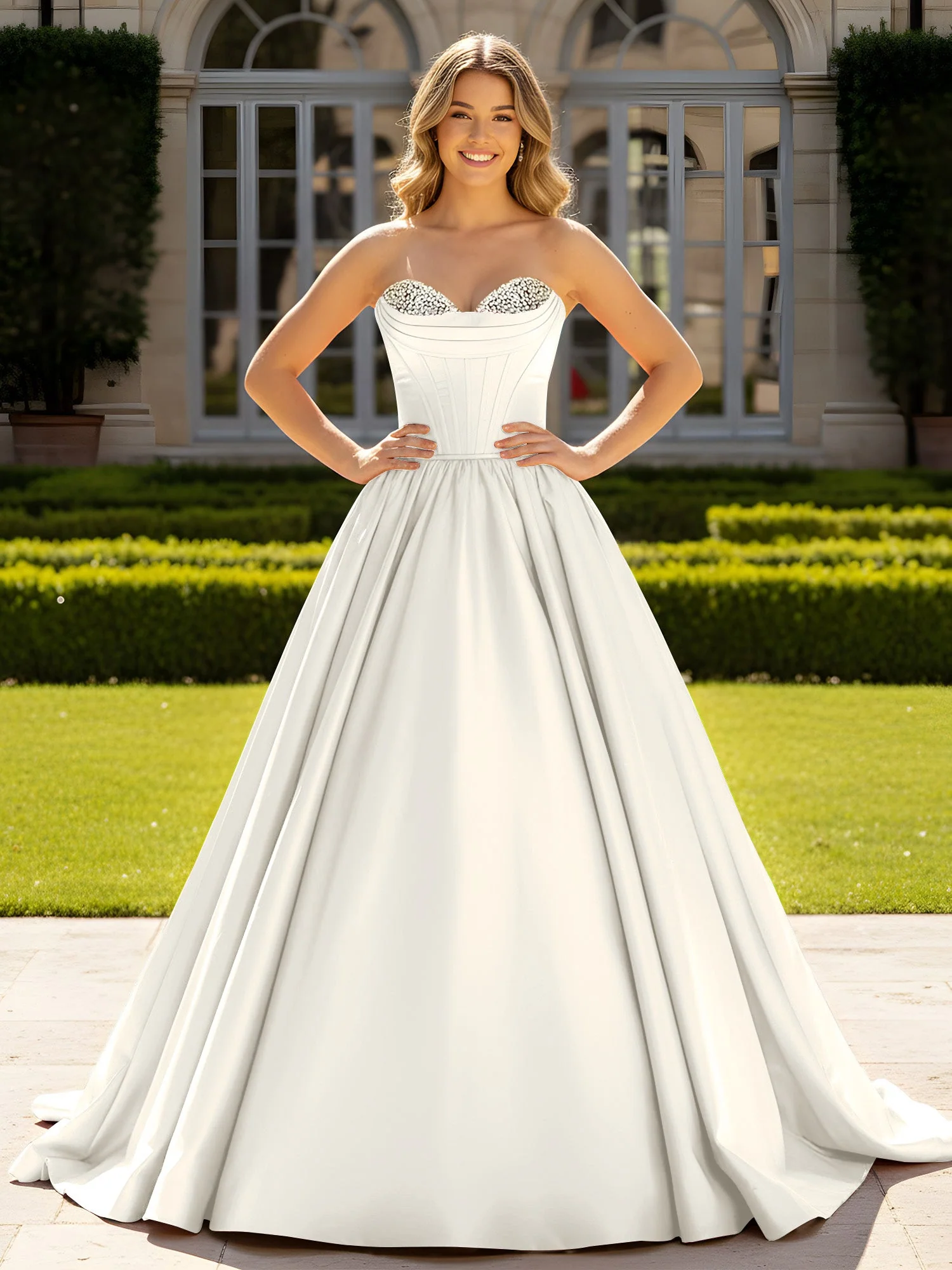 Trägerlos Satin Ballkleid mit Kristall Bustier Detail Elfenbein