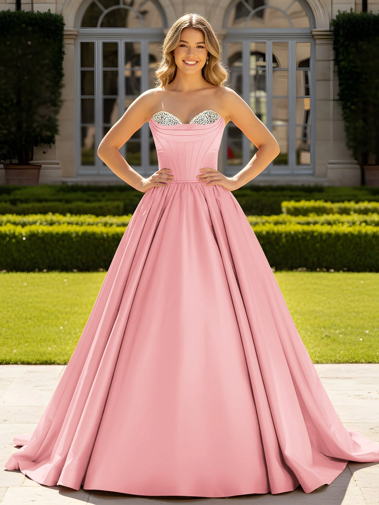 Trägerlos Satin Ballkleid mit Kristall Bustier Detail Flamingo