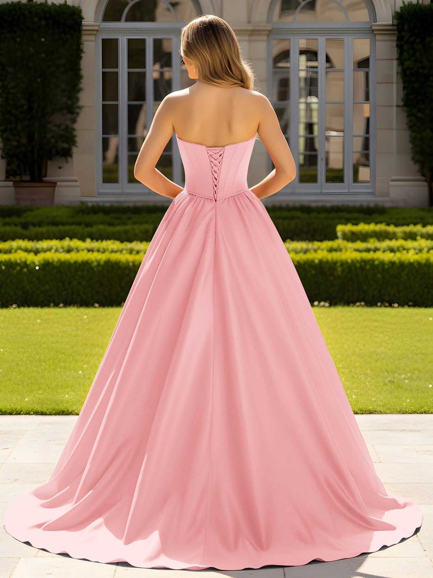 Trägerlos Satin Ballkleid mit Kristall Bustier Detail Flamingo - Image 2