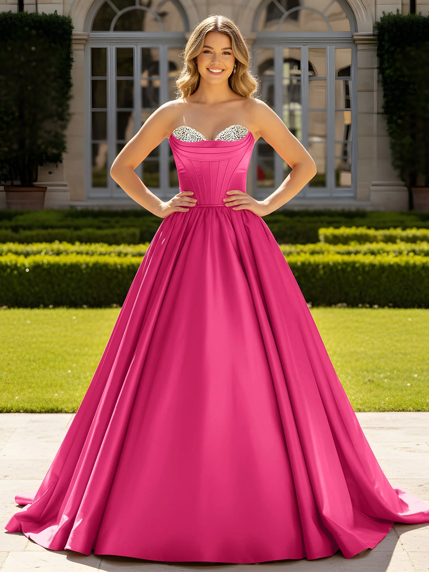 Trägerlos Satin Ballkleid mit Kristall Bustier Detail Fuchsia